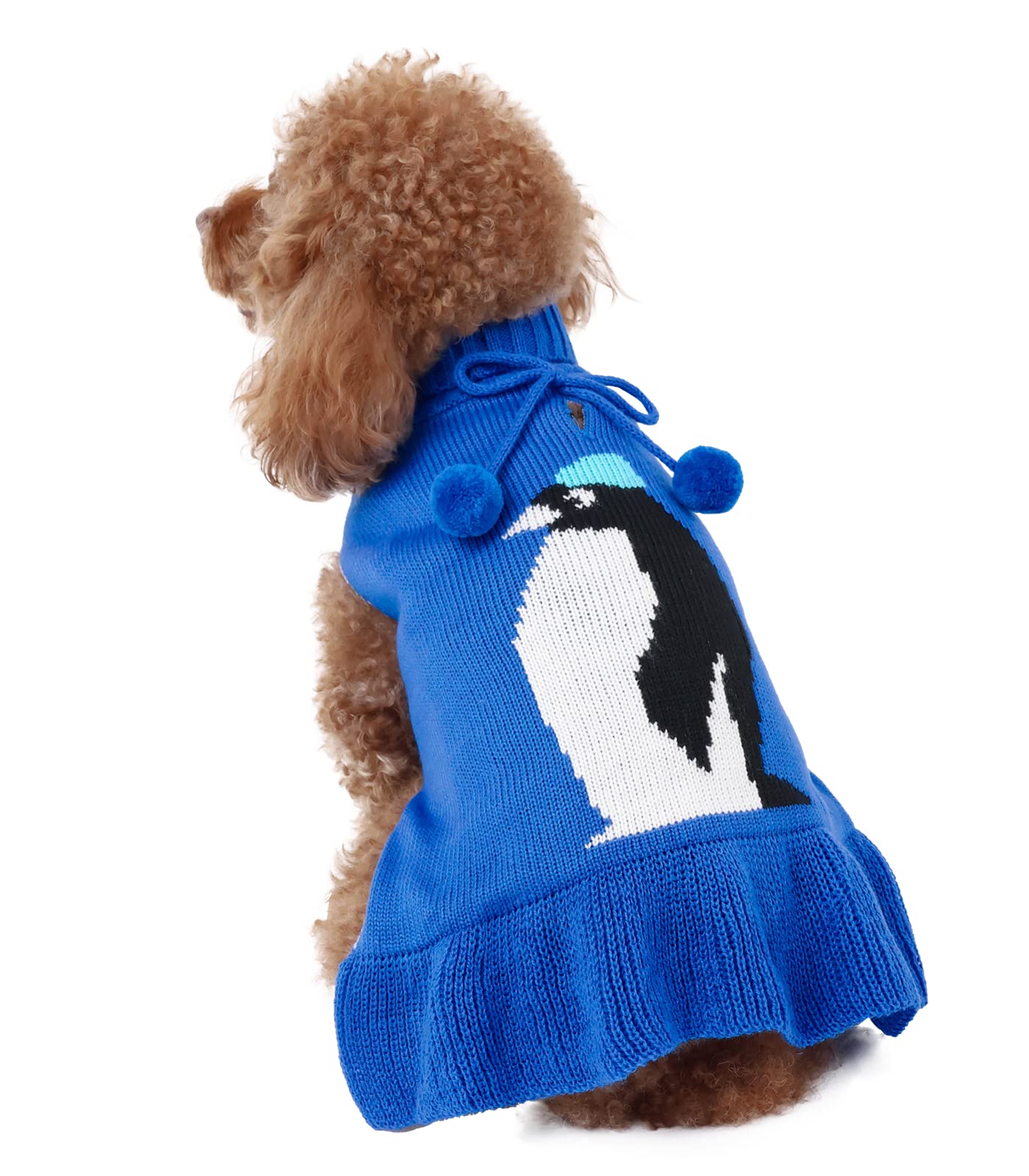 Cutebone Blue Dog Sweater Dress Penguin Pattern Knit Turtleneck Puppy Sweater With Craft Pom Pom Ball Pullover Ruffle Dress For 