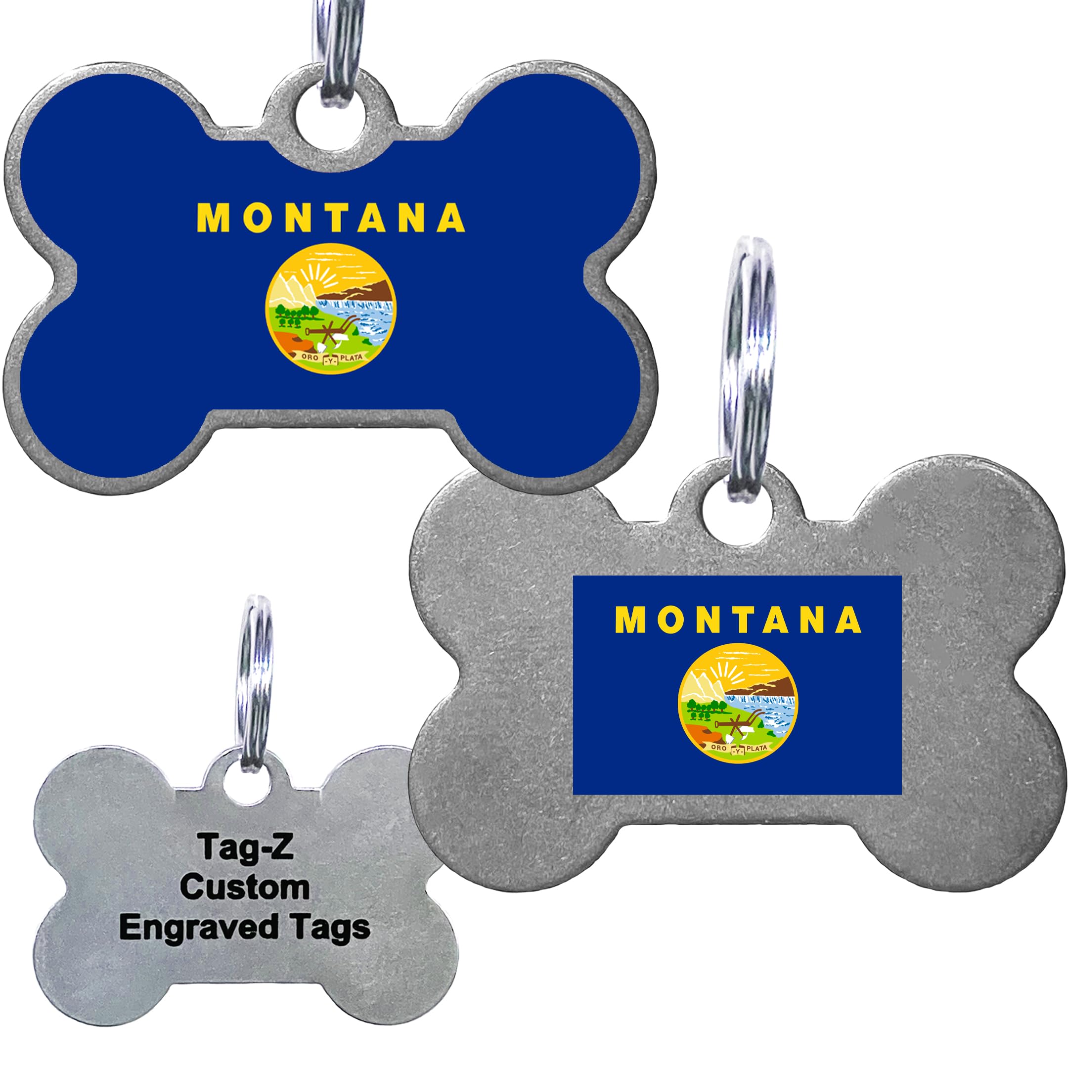 Montana Flag Pet Id Tags, Custom Printed And Laser Engraved Bone