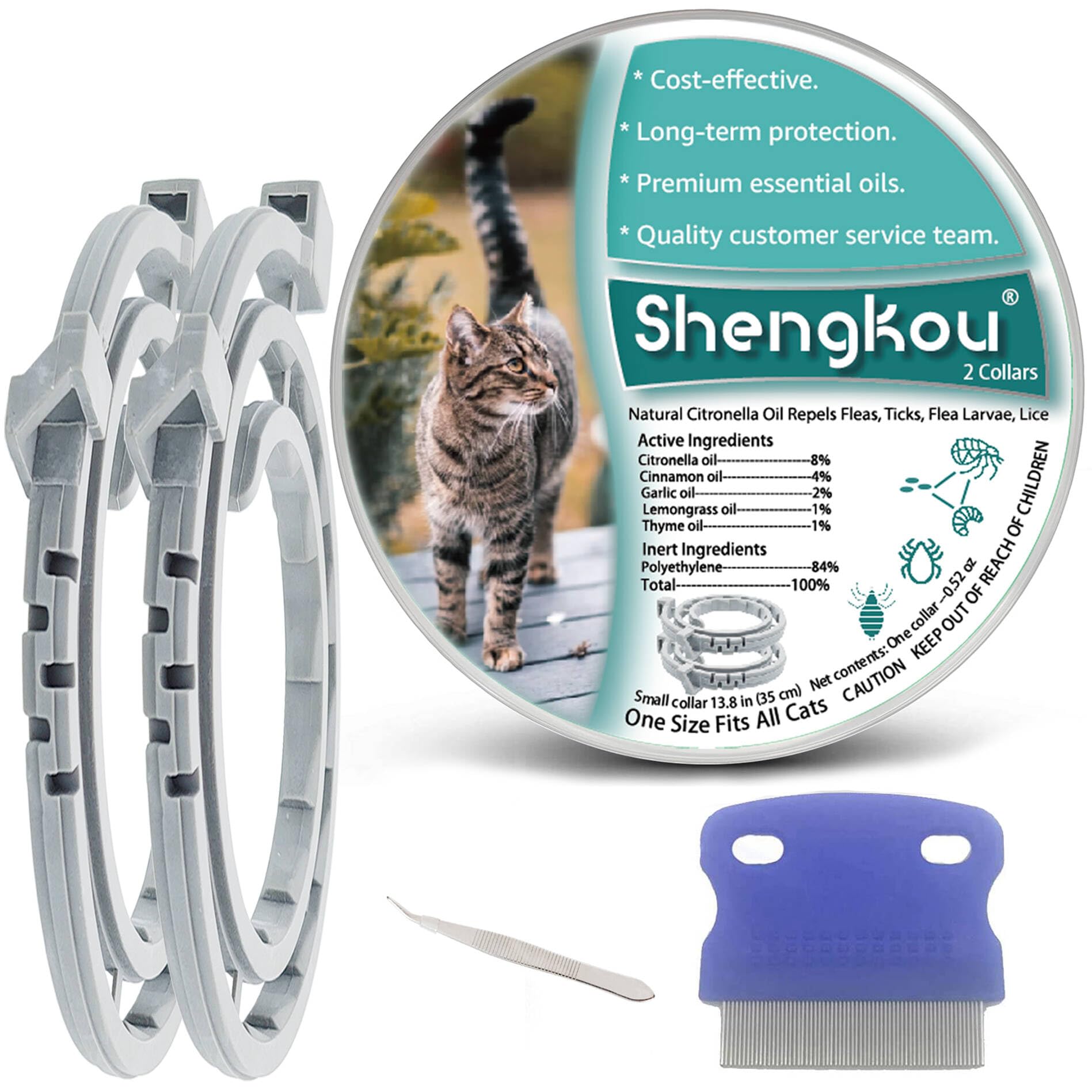 ShengKou Flea and Tick Collar for Cats, Waterproof, Natural Essential Oil, 13.8 in, Gray, 2 Packs, Includes Free Comb