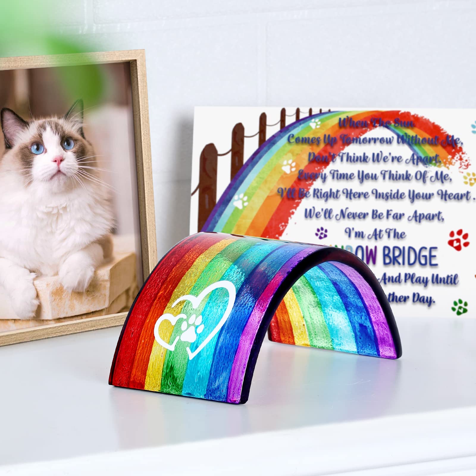 Huray Rayho Rainbow Bridge Fused Glass 3D Colorful Bridge With Sympathy Card Memorial Gift For Dog Cat Guinea Pig Lover Pet Lost Present Sorry Gift Set Of 2