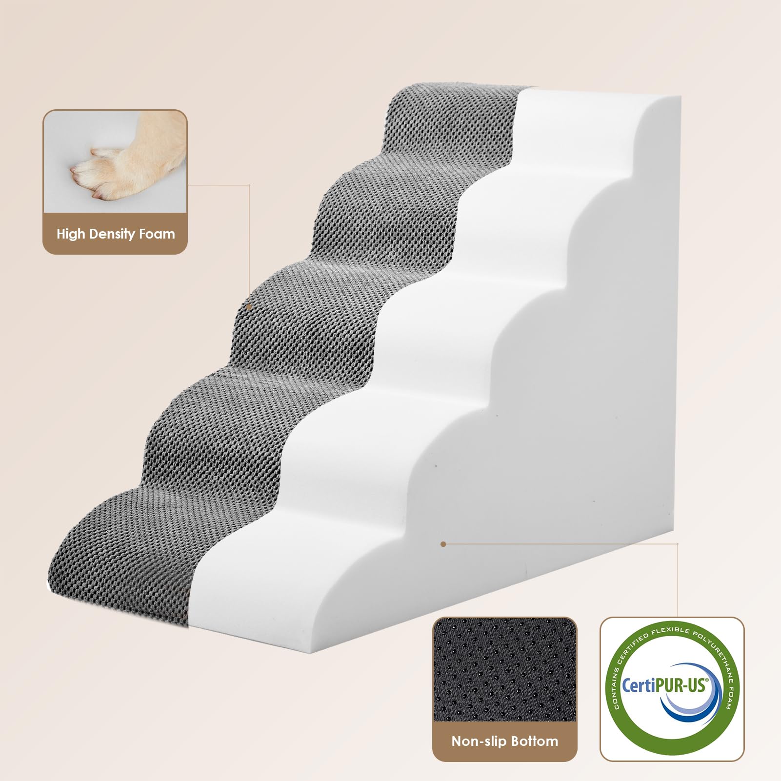 Eheyciga Curved Dog Stairs Ramp For High Beds 22.6' H, 5-Step Dog Steps For Small Dogs And Cats, Pet Stairs For High Bed Climbing, Non-Slip Balanced Pet Step Indoor, Grey