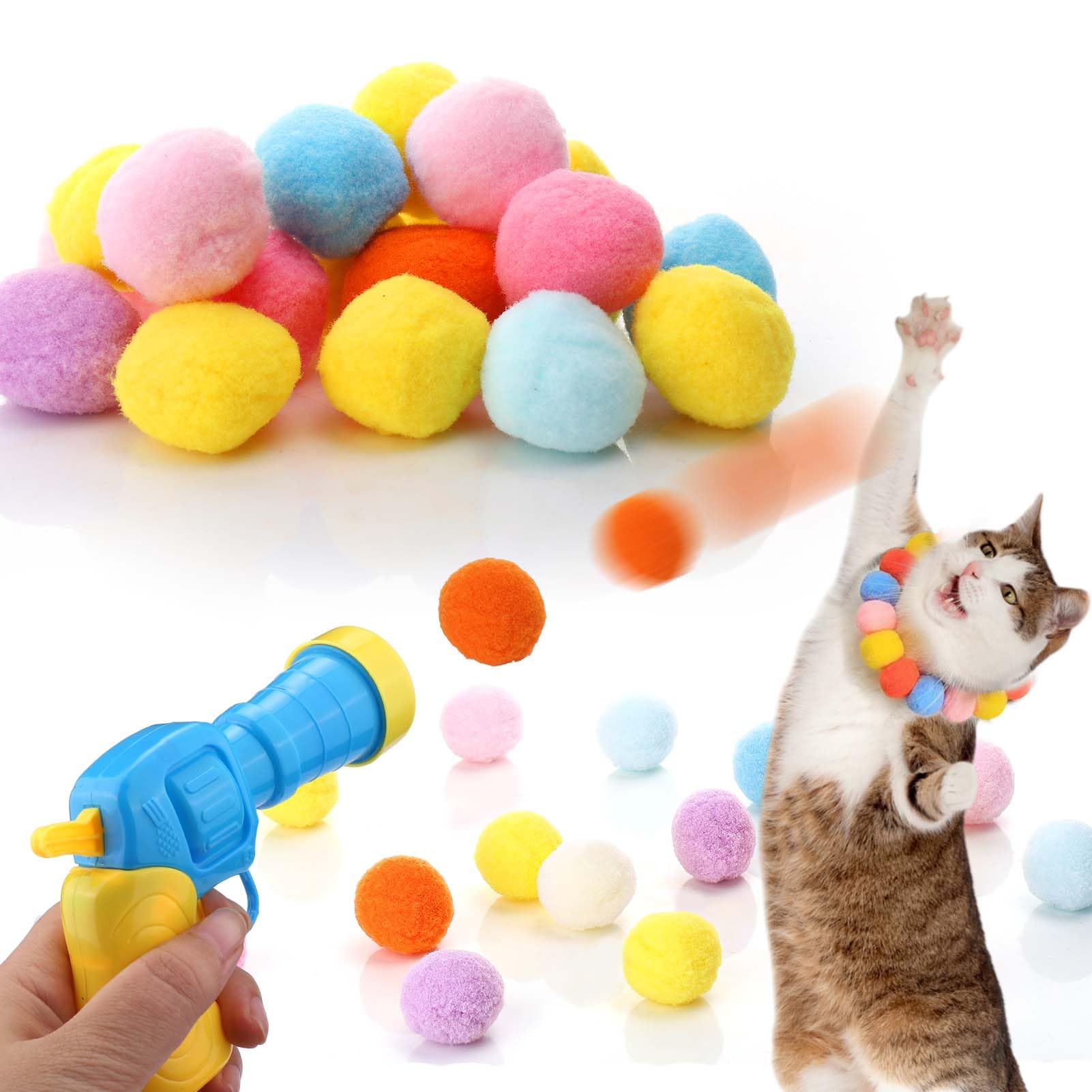 Aiersa Cat Toy Ball Launcher, Plush Ball Shooting Gun With 20 Pom Pom Balls, Interactive Indoor Cat Fetch Toy