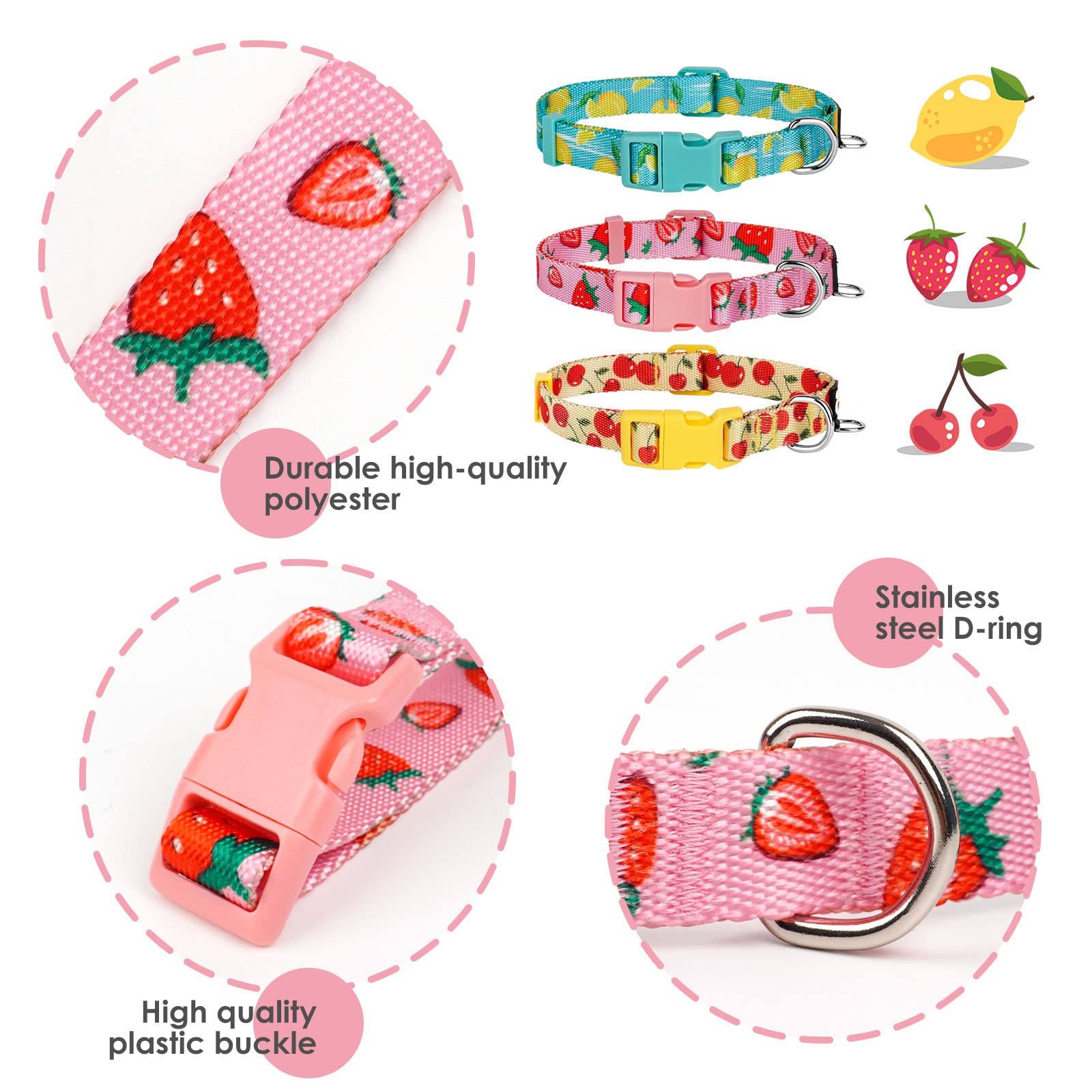 Azuza 3 Pack Fruit Design Dog Collars Comfortable And Adjustable Nylon Dog Collars For Medium Dogs, M (14-20Inch),Strawberry,Lem