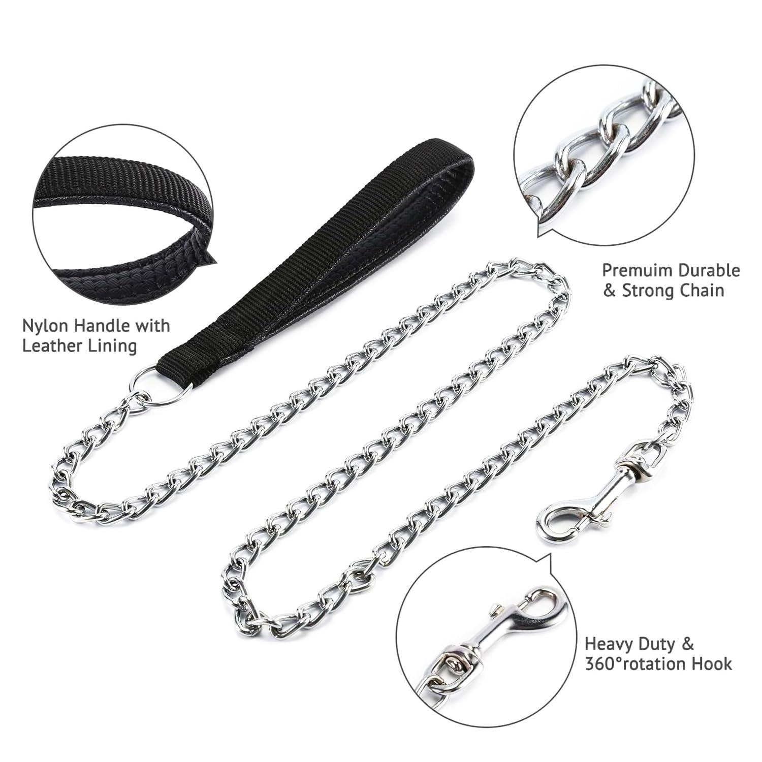 Petiry Chain Leash Metal Dog Leash Chrome Plated With Soft Padded Handle For Medium Dogs.(M, Black Handle)