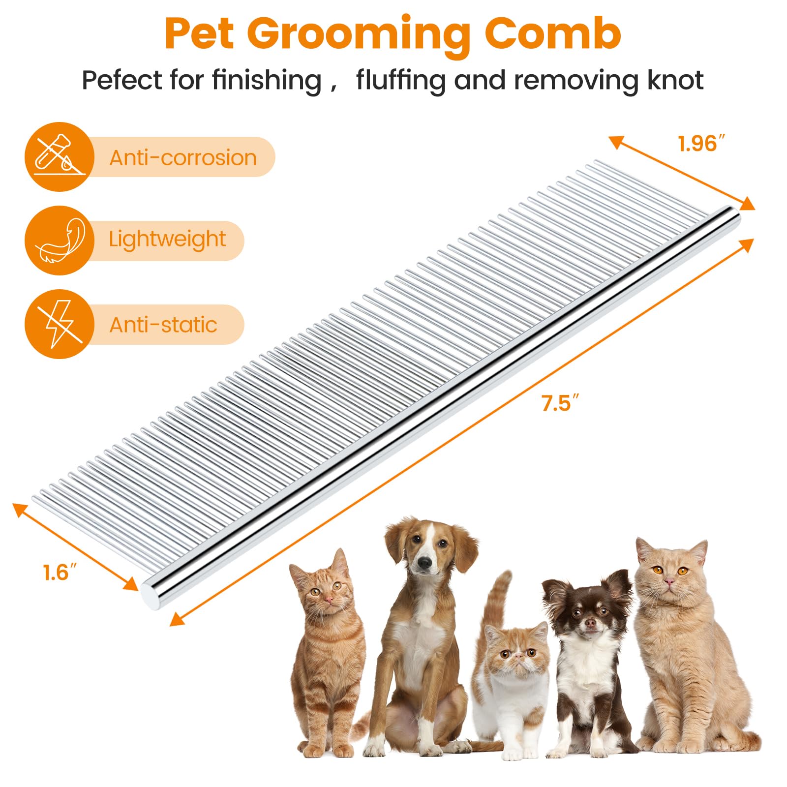 Pettom Pet Steel Grooming Tool Poodle Finishing Butter Comb 7 1/2-Inch L Silver Dog Combs With Rounded Ends Stainless Steel Teet