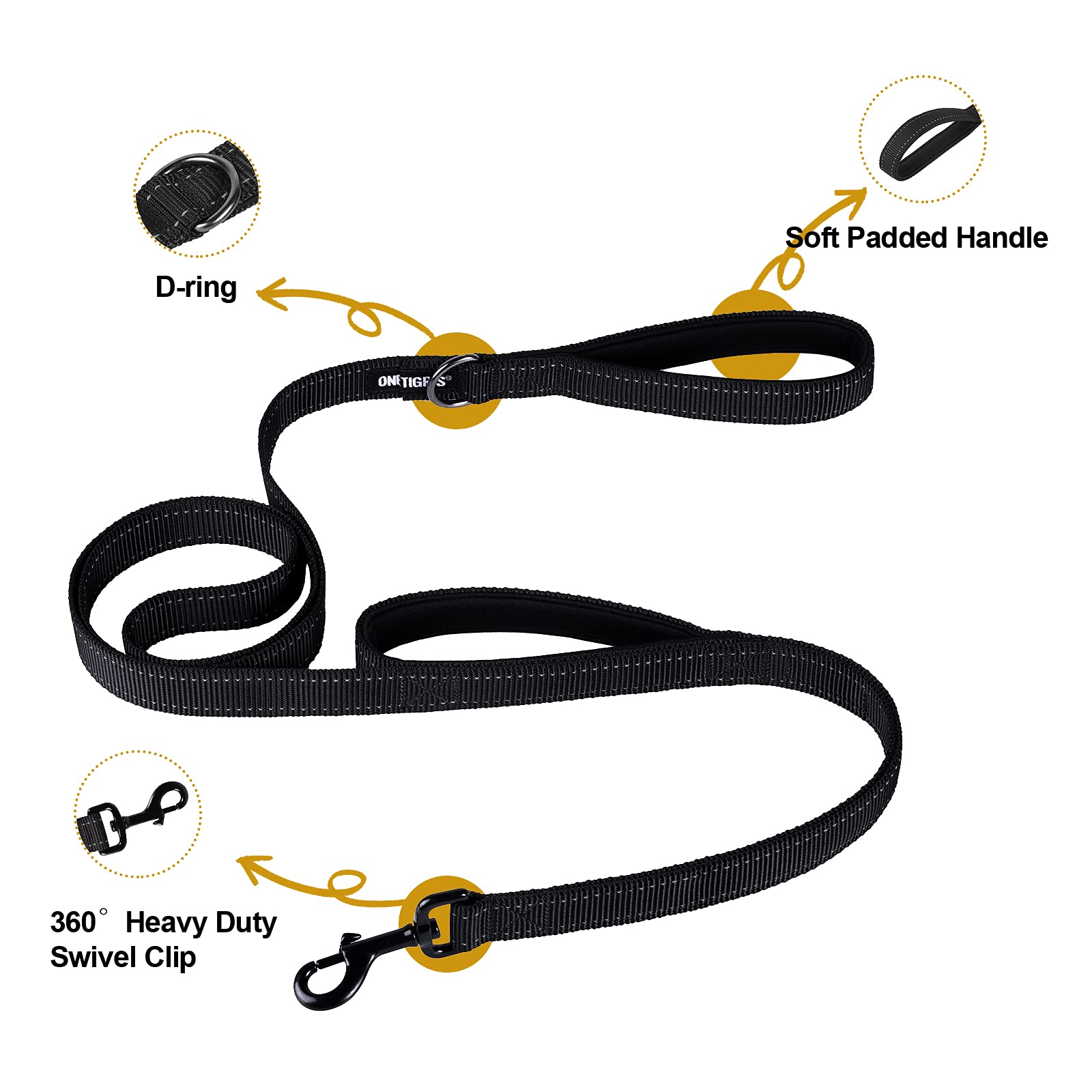 OneTigris Handled No-Pull Dog Walking Leash Long Traffic Leads for Medium to Large Dogs (Black, 4FT)