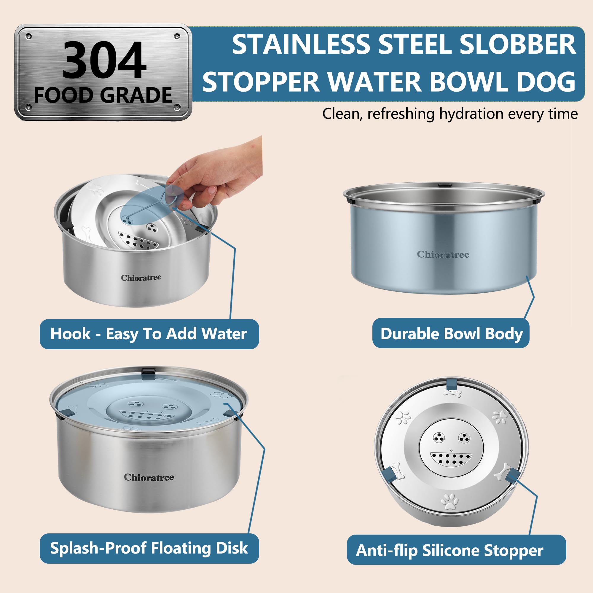 Chioratree Dog Water Bowl No Spill,3L/101oz Large Spill Proof Water Bowl for Dogs, Stainless Steel Slobber Stopper Slow Drinking