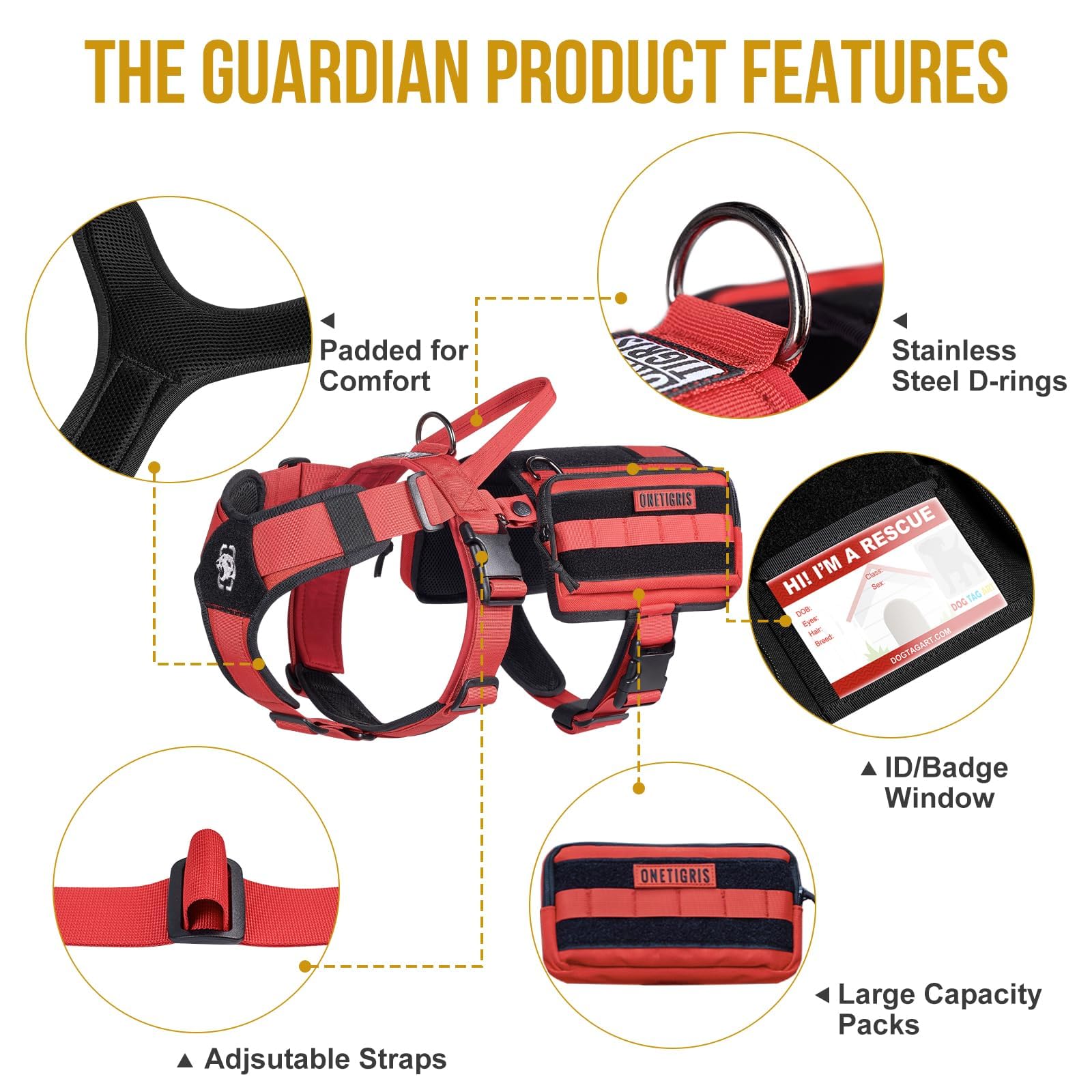 OneTigris Service Dog Vest Harness, Service Dog Cape Guardian Dog Molle Backpack with Pouches for Medium and Large Dogs (Red, La