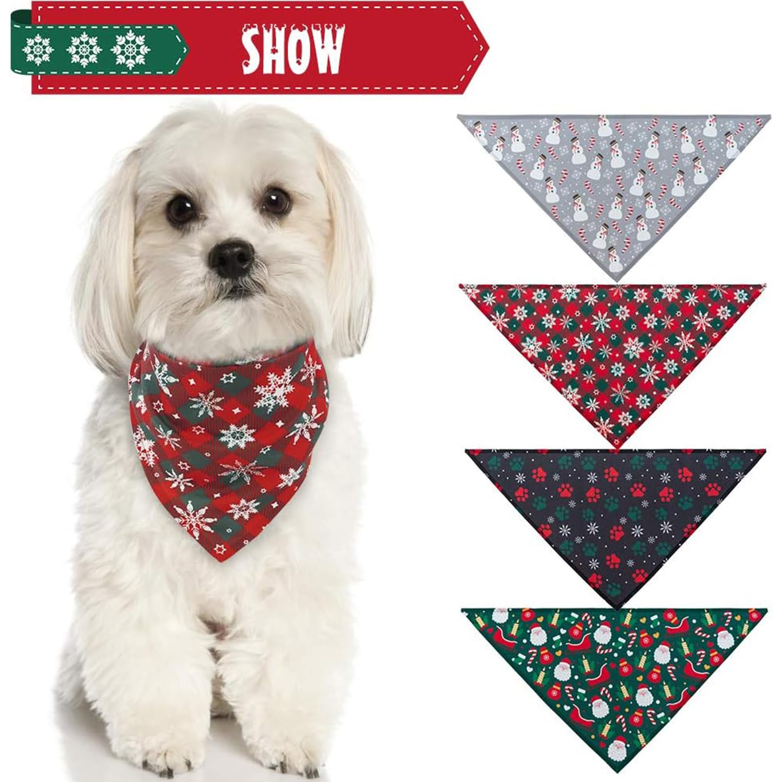 Scenereal Christmas Dog Bandana 4 Pack - Soft And Breathable Pet Triangle Scarf Bibs, Full Of Chirstmas Element Patterns, For Do