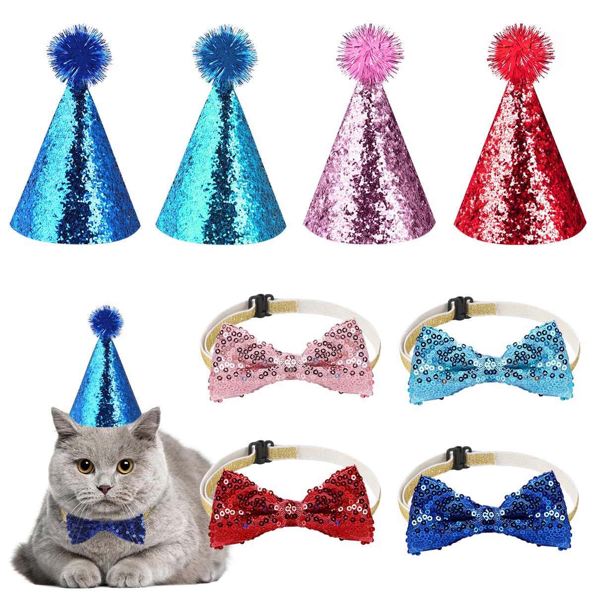 8 Pcs Cat Birthday Hat Dog Birthday Hats, Multi Color Mini Party Hats Set With 4 Pcs Hats And 4 Pcs Bowtie For Cat Dogs Kittens 