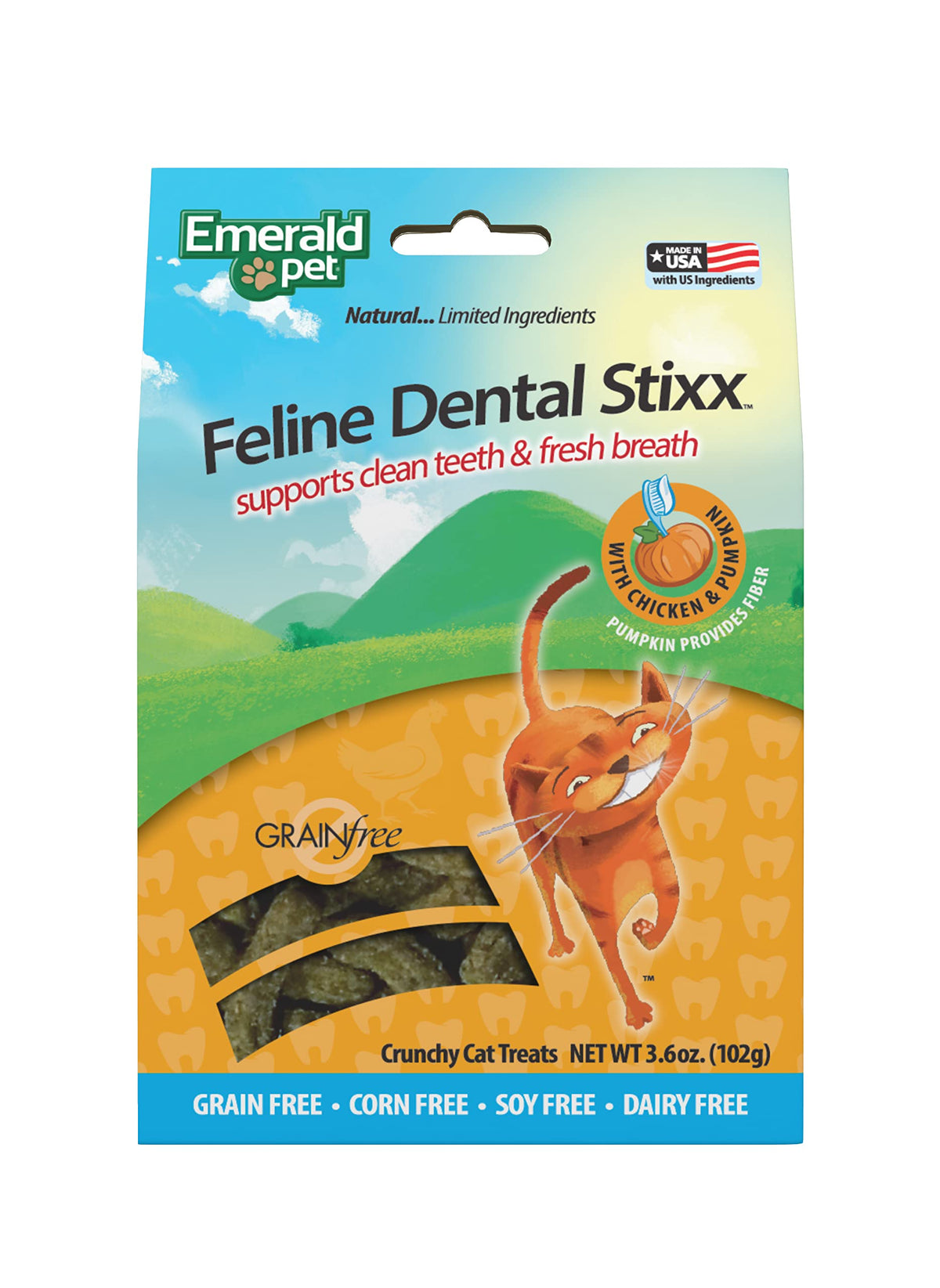 Emerald Pet Feline Dental Stixx - Tasty And Crunchy Cat Dental Sticks With Pumpkin For Digestive Health - Natural Grain Free Dental Treats For Clean Cat Teeth And Fresh Breath - Chicken Stixx, 3.6 Oz