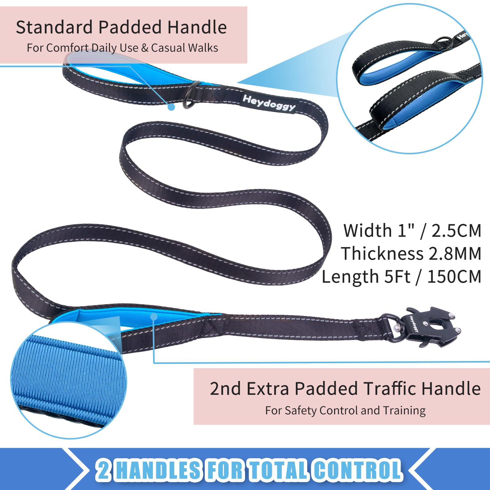 Strong Heavy Duty Dog Leash - 5Ft Reflective Nylon Training Leash With Soft Padded Double Handle & Auto Lock Frog Clip - Safety