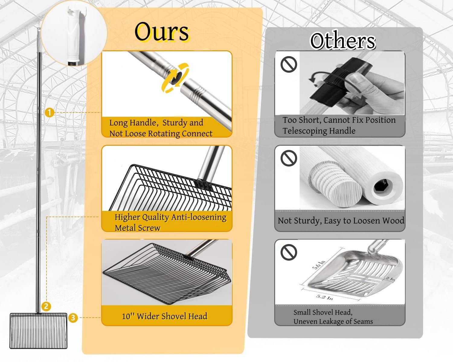 Foandbevi Large Metal Chicken Poop Scooper, 4-in-1 Detachable Tool 20 to 63 inches, Metal Handle, Stainless Steel Chicken Coop C