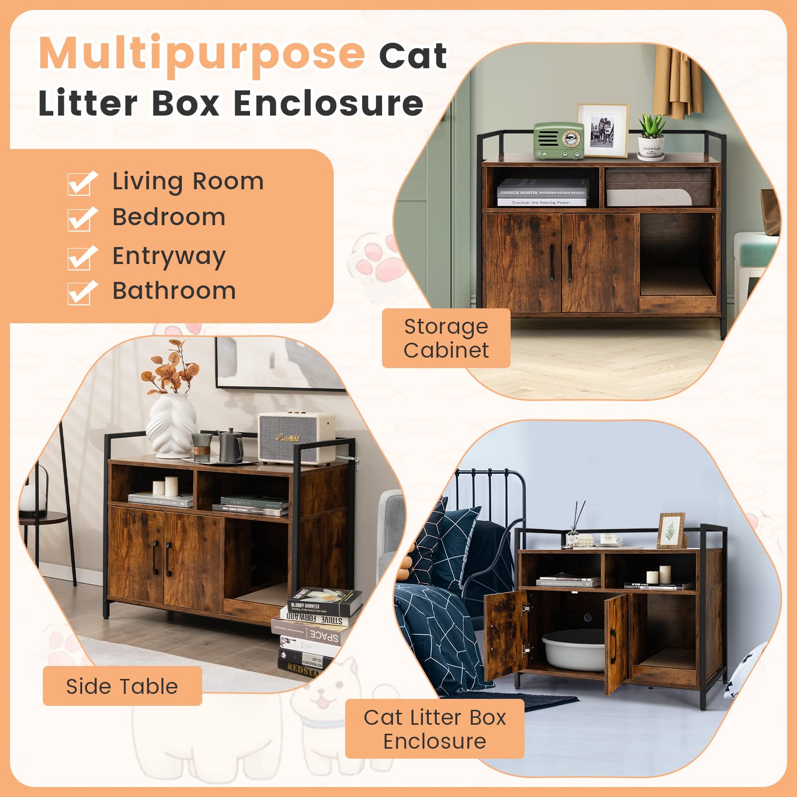 Petsite Cat Litter Box Enclosure, Litter Box Cabinet With Cat Scratcher, 2-Door Storage Cabinet, 2 Open Compartments And Air Vents, Wooden Hidden Litter Box Furniture, Rustic Brown