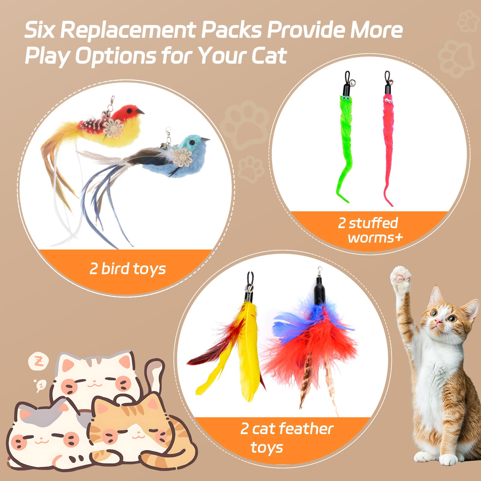 Cat Feather Toys, 10Pcs Cat Toys With Detachable 2Pcs Suction Cup, 6Pcs Replacement Teaser Refills With Bell, Interactive Cat To