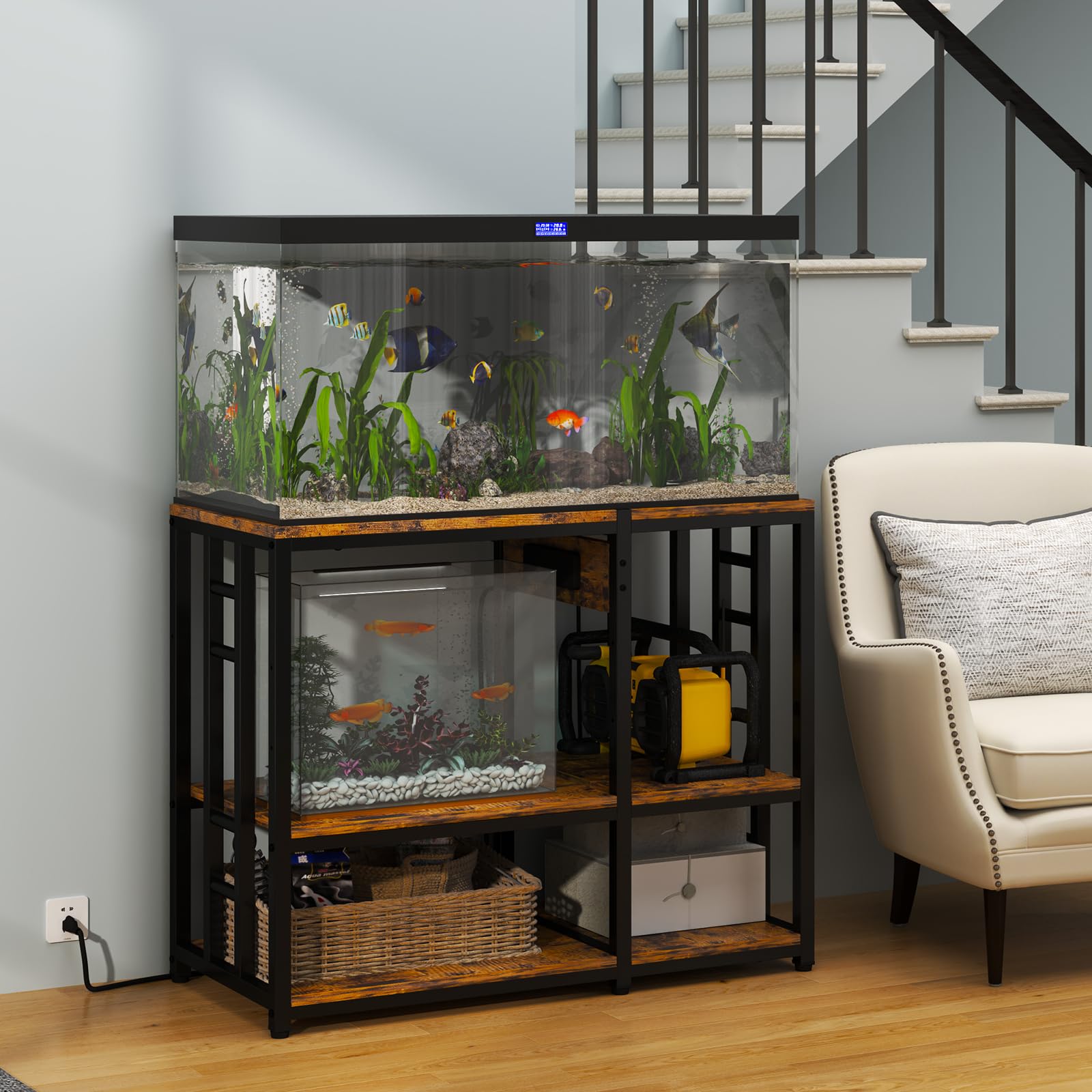 MILEFA 40-50 Gallon Aquarium Stand - Ultra-Stable Metal Fish Tank Stand with Power Outlet, Rustic Brown, 750LBS Capacity, 37"x19" Shelving