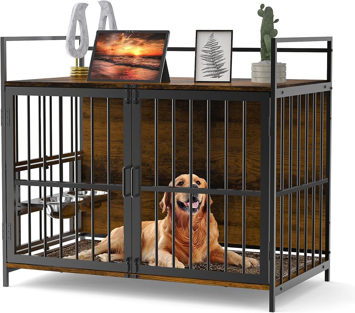 41 Inch Furniture Style Large Dog Crate with 360 & Adjustable Raised Feeder for Dogs 2 Stainless Steel Bowls -End Table House Pa