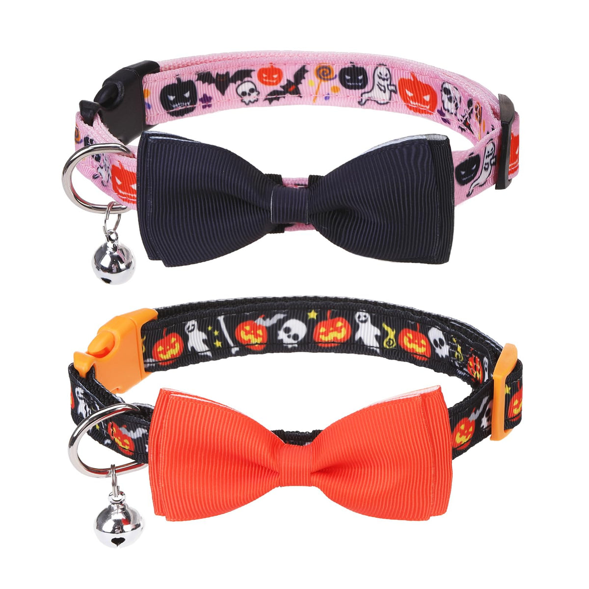 Pupteck Halloween Bowtie Dog Collar With Bell 2 Packs, Adjustable Breakaway Puppy Collar, Sweet Gift For Small Dogs Cats Pets, 11.8-15.7 In