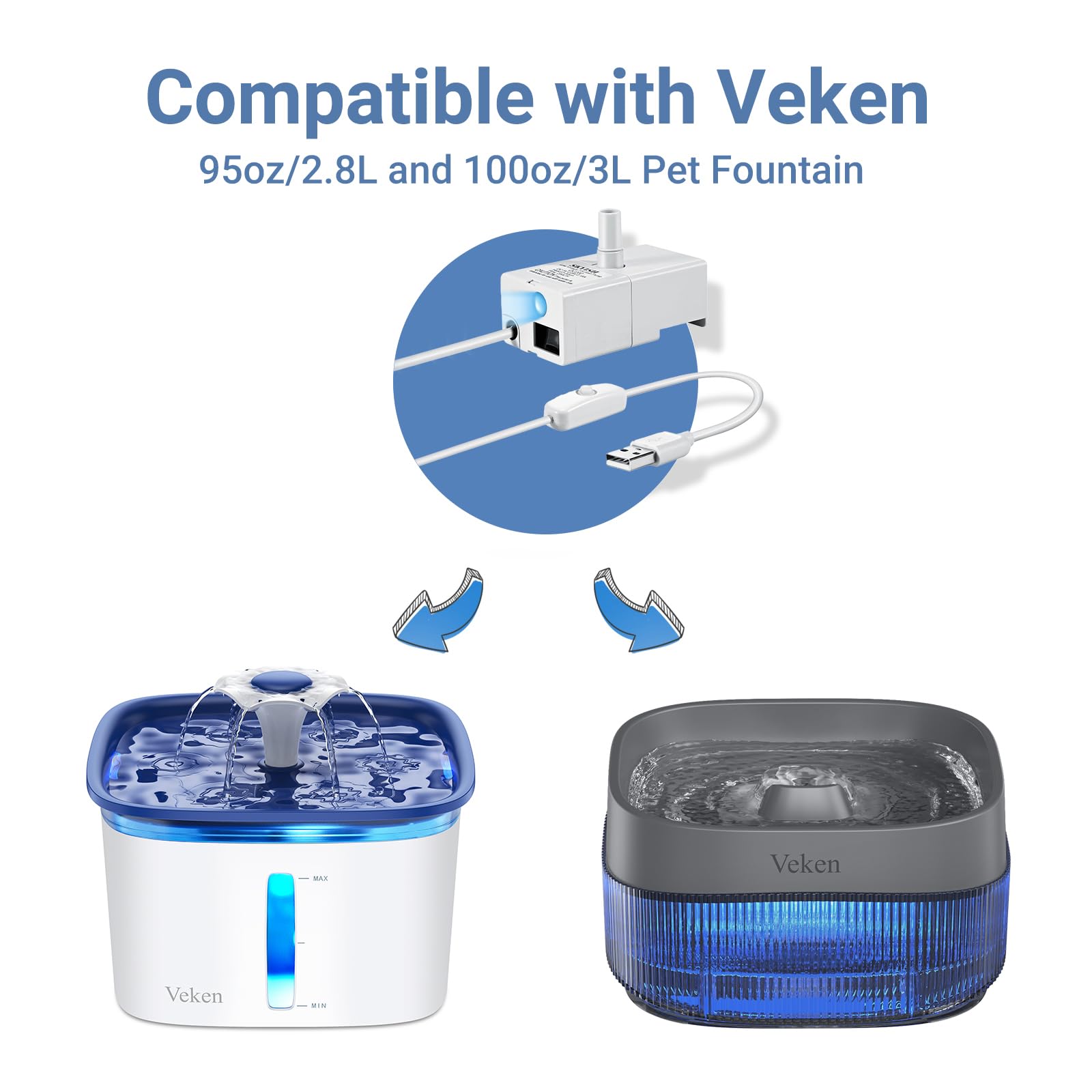 Veken Replacement Pump For 67Oz, 95Oz And 135Oz Pet Fountain Cat Water Fountain Dog Water Fountain Ultra Quiet Long Lifespan Water Pump, Usb Cable, Led Lights