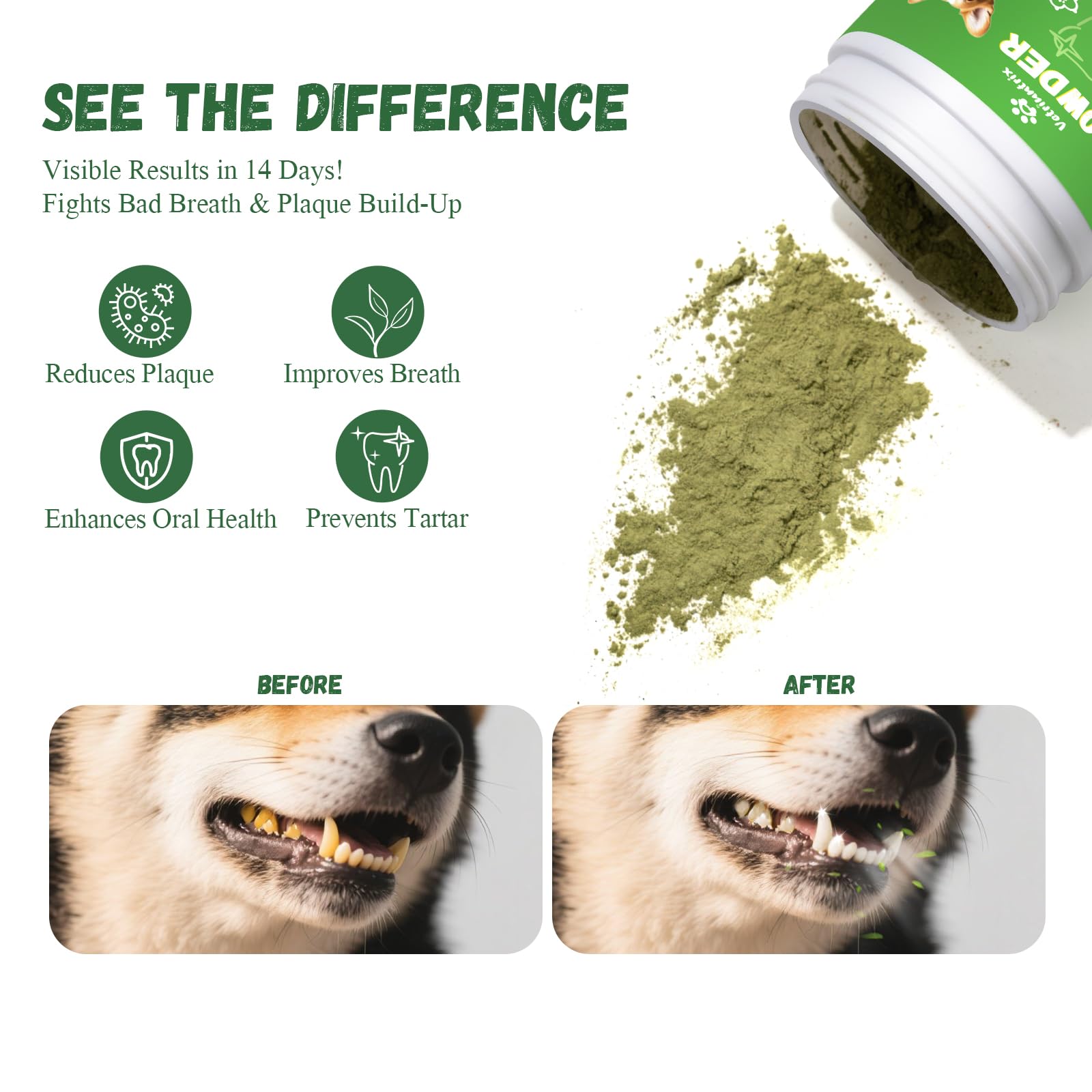 Vetriuntrix Dog Teeth Cleaning Powder, Dog Dental Powder for Teeth Cleaning and Dog Breath Fresh for Dogs with Probiotic & Tarta