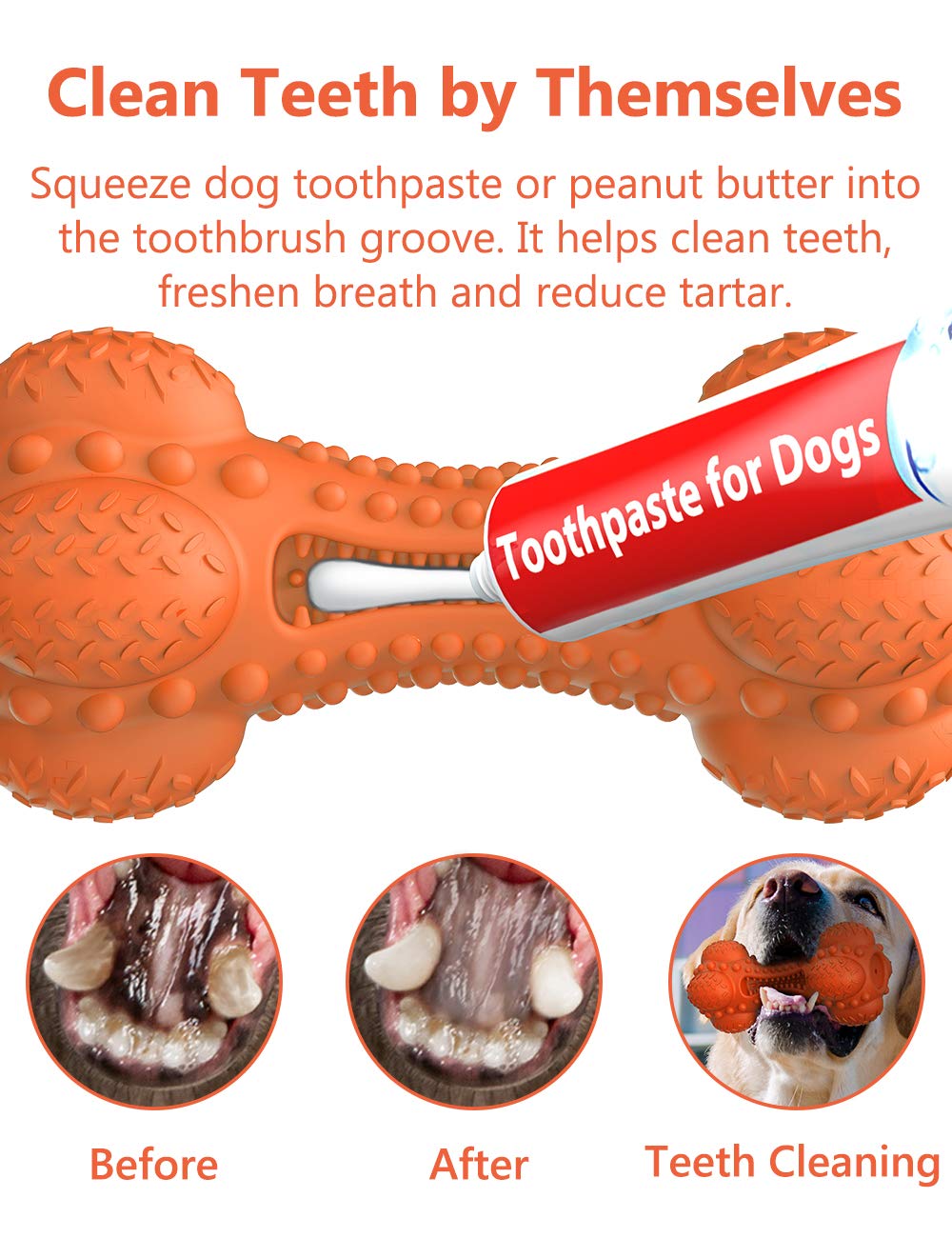 SCHITEC Two Squeaky Dog Chew Toy for Aggressive Chewers Large Breed, Tough Indestructible Rubber Bone with Toothbrush for Big Me