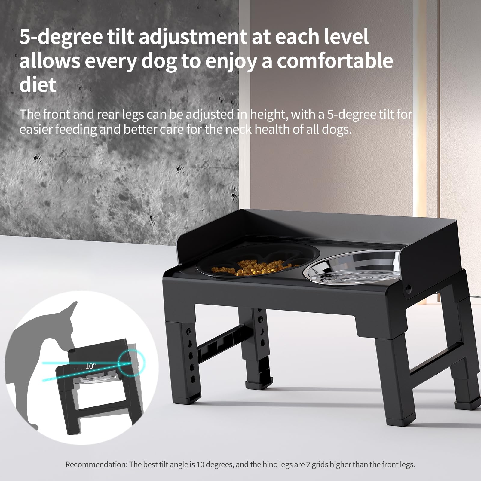 Pakeway Elevated Dog Bowls, Spill Proof, Tiltable Dog Feeder With 1 Stainless Steel Bowls &1 Slow Feeder, 6 Height Adjustable Ra