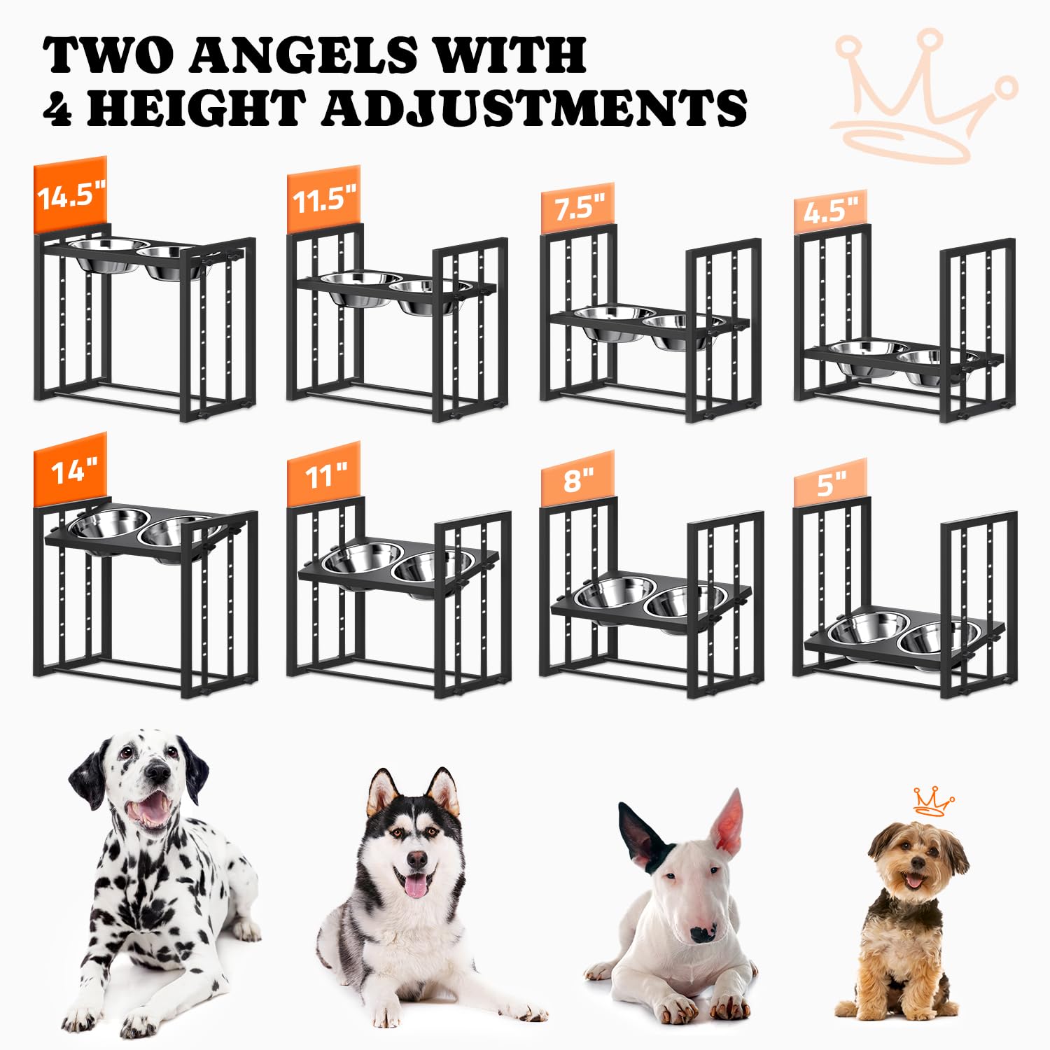 Elevated Metal Dog Bowls For Medium Breed: 4 Height-Adjustable Raised Dog Bowl Feeder Station With 2 Stainless Steel Bowls, Blac