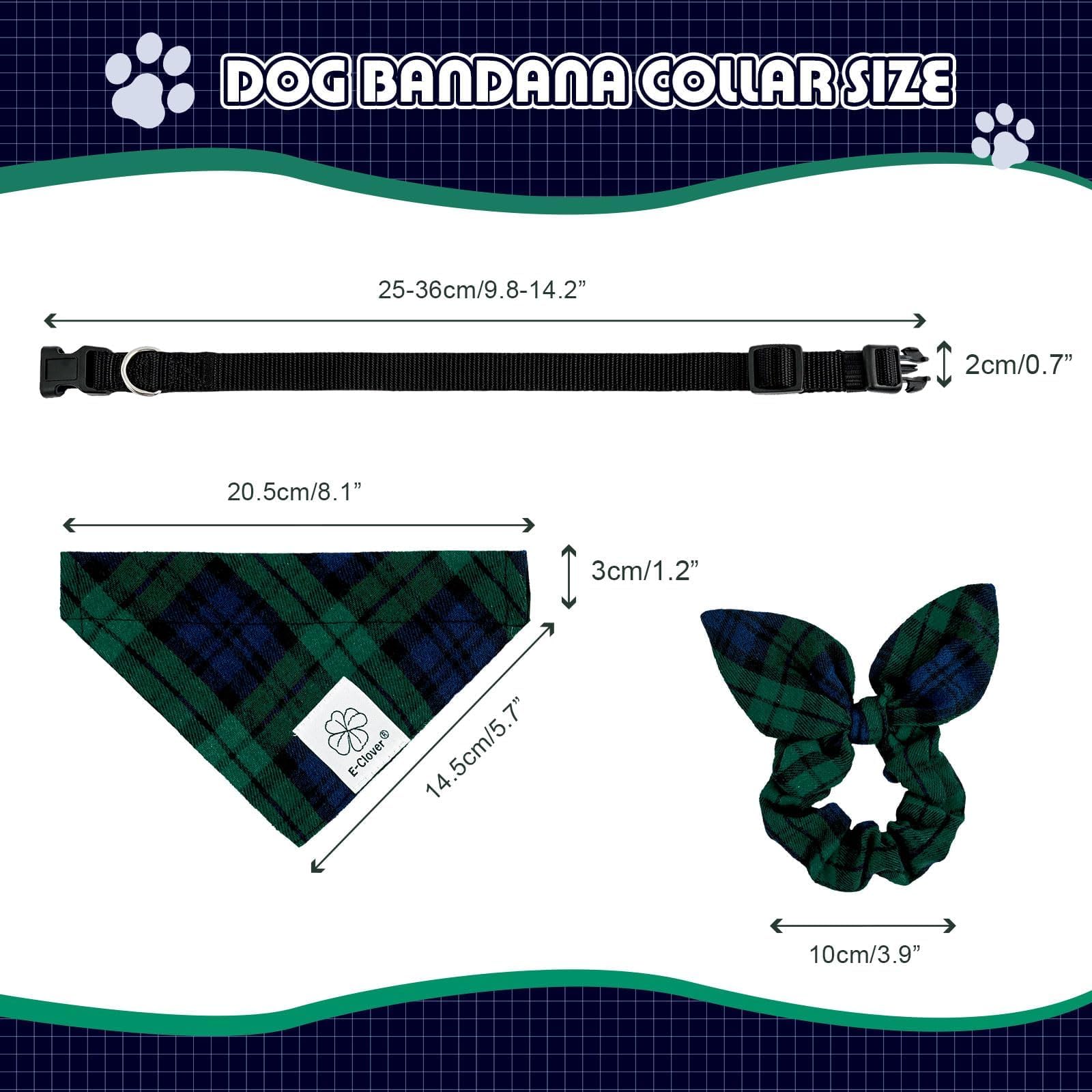 E-Clover Plaid Dog Collar & Matching Scrunchie - Adjustable Medium Dog Collar & Bandana For Small Medium Dogs - Green Blue