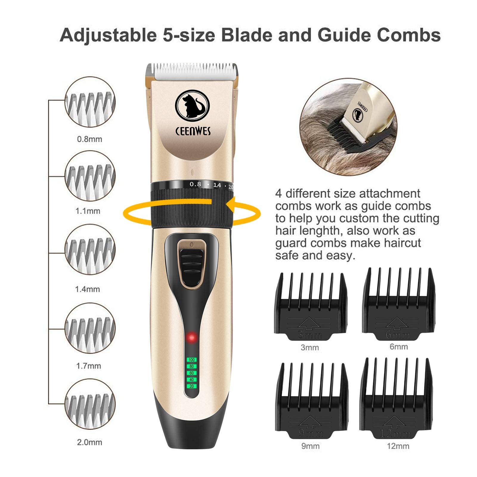 Power Display Dog Clippers Cordless Dog Grooming Kit Professional Horse Clippers Detachable Blade With 4 Comb Guides, Low Noise Pet Clippers Rechargeable Pet Grooming Tools For Dogs Cats Pets