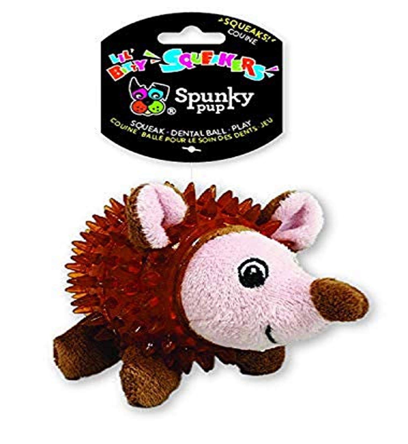 Spunky Pup Lil’ Bitty Squeakers Hedgehog | Squeaky Chew Toy For Small Dogs And Puppies | Plush Hedgehog Toy With Ball And Squeaker | Stuffed Ball Dog Toy For Teething Puppies | 4X3X3 Inches