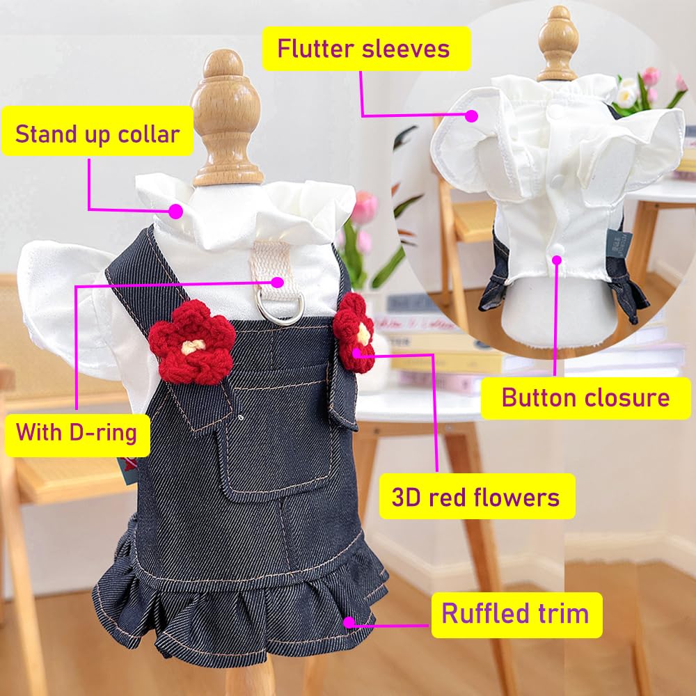 Aniac Denim Small Puppy Dress 3D Flowers Girl Dog Clothes With D-Ring And Pocket Female Cat Harness Dresses Cute Shih Tzu Yorkie