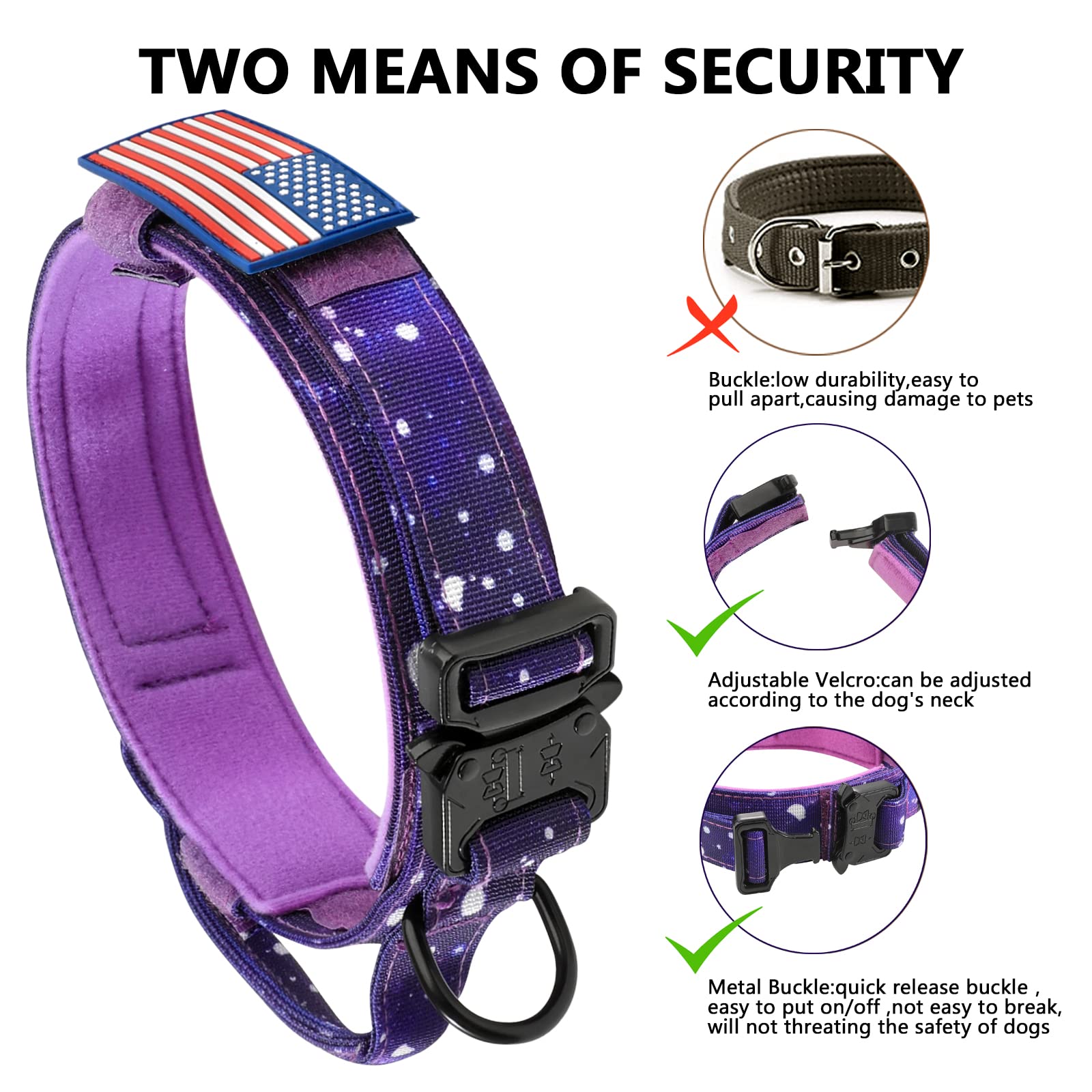 DAGANXI Tactical Dog Collar - Adjustable Nylon with Control Handle, Heavy Metal Buckle, XL, Purple Sky, Includes Patches & Airtags Case