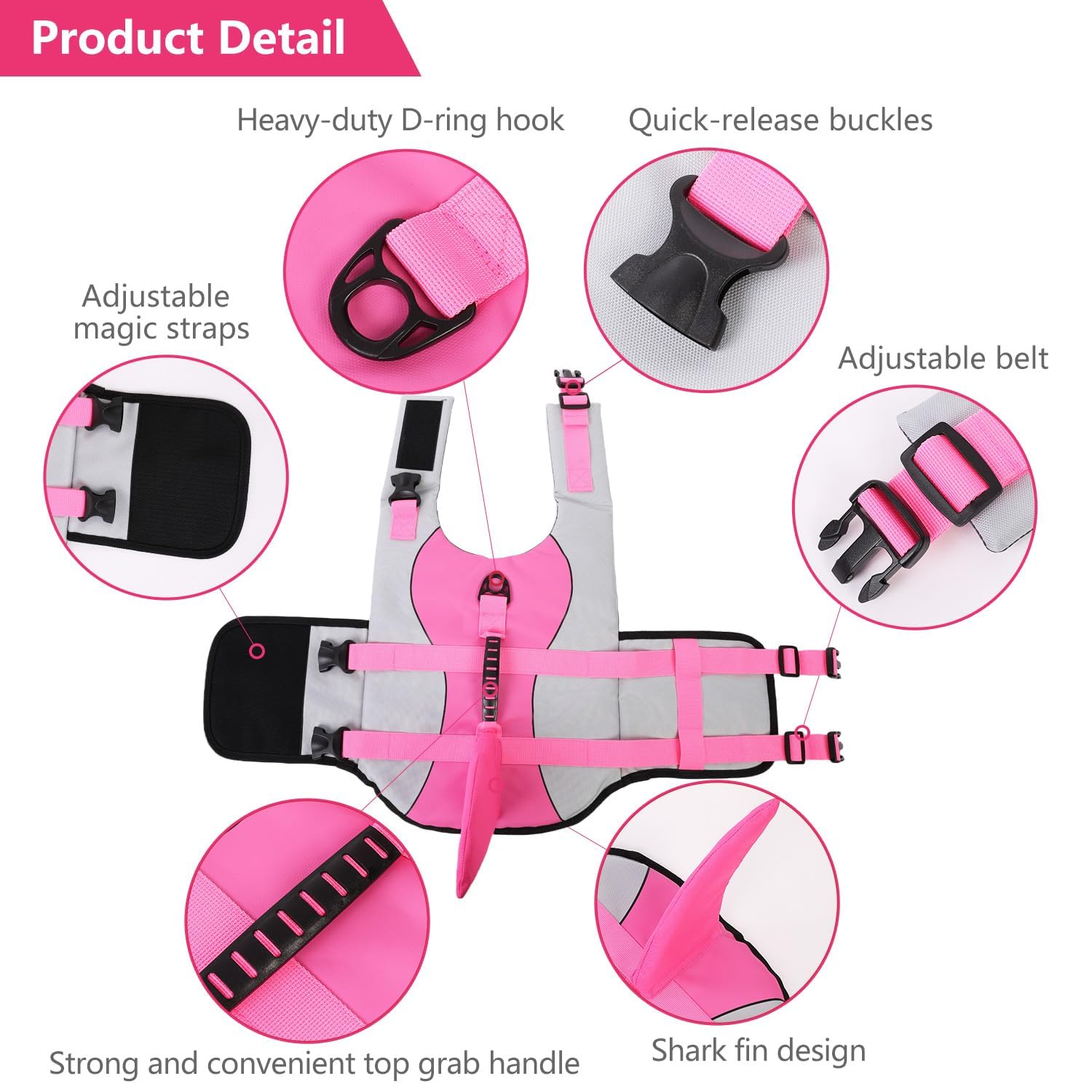 Asenku Dog Life Jacket Pet Life Safety Vest For Swimming Boating, Dog Shark Life Jackets Dog Lifesavers Swimsuits For Pool, Dog Water Floatation Vest For Small Medium Large Dogs, Shark Pink, Medium