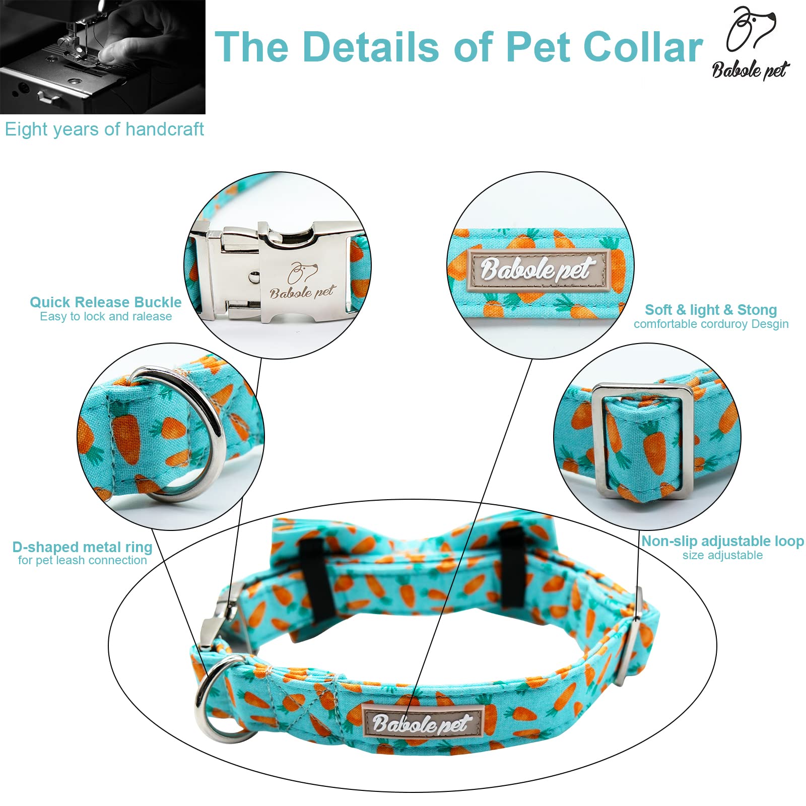 Babole Pet Dog Collar Easter Gift With Bow Tie,Carrot Male Dog Collar With Safety Metal Buckle Adjustable Puppy Collars For Small Medium Large Boy & Girl Dog,M-Neck 13.5'-22'