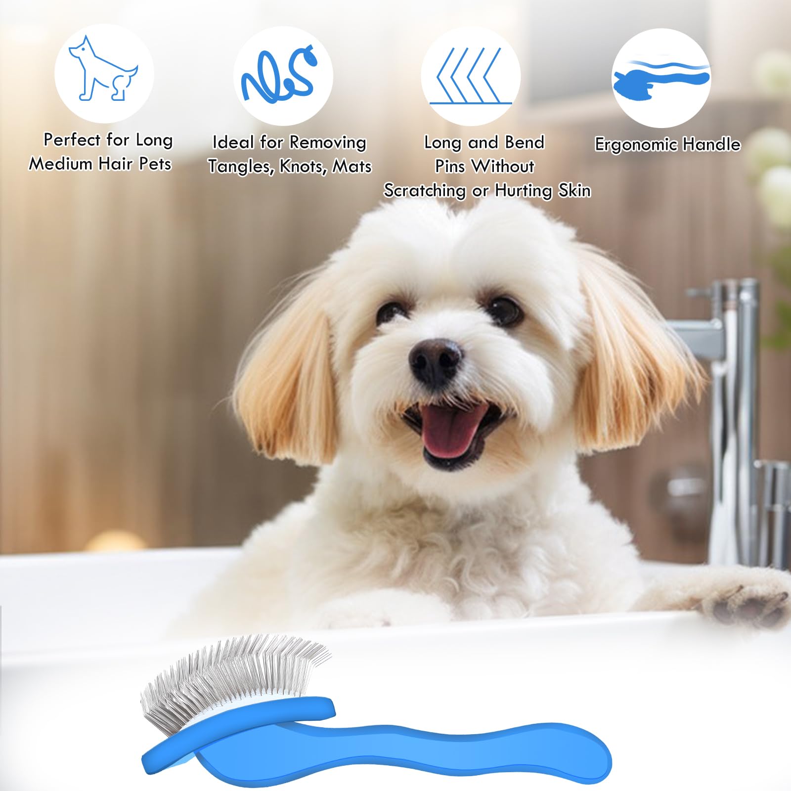 COZYGIFT Blue Slicker Brush for Medium to Large Pets - Long Pin Grooming Tool Removes Loose Hair, Tangles and Knots, Includes Fr
