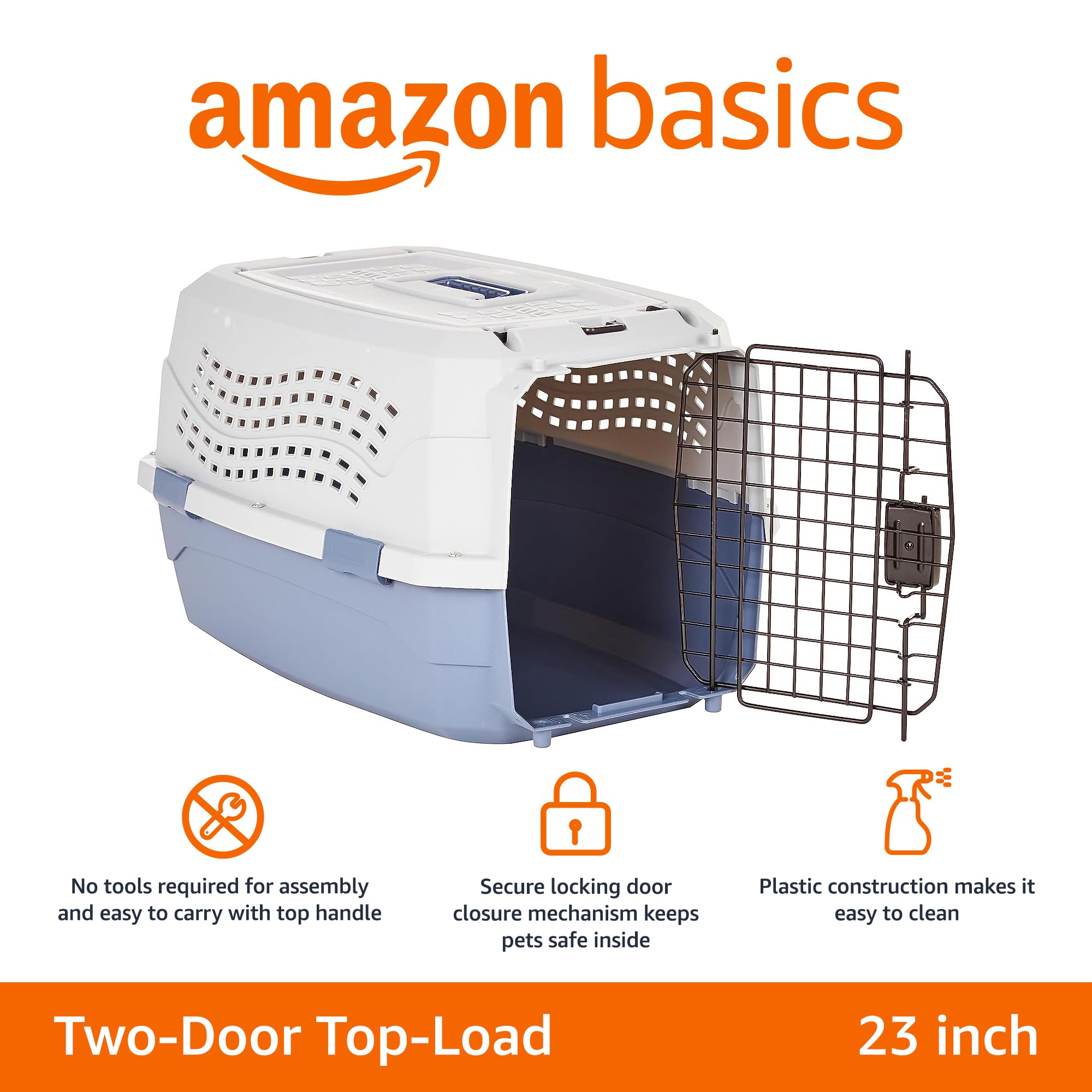 Amazon Basics - 2-Door Top-Load Hard-Sided Dogs, Cats Pet Travel Carrier, Gray & Blue, 22.8'L X 15.0'W X 13.0'H