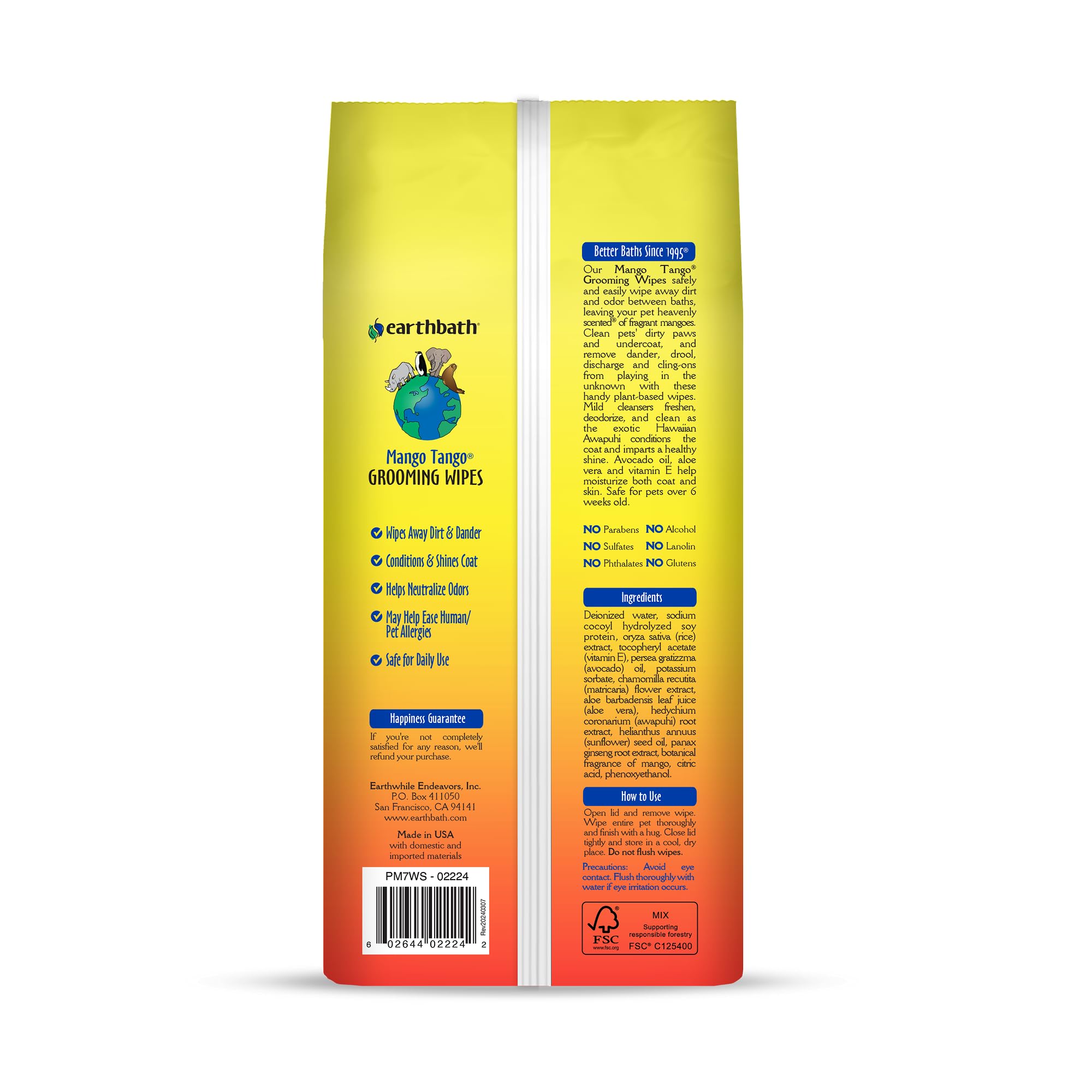 earthbath, Mango Tango Grooming Wipes - Dog Wipes for Paws and Butt, Best Pet Wipes for Dogs & Cats, Made in USA, Cruelty-Free D
