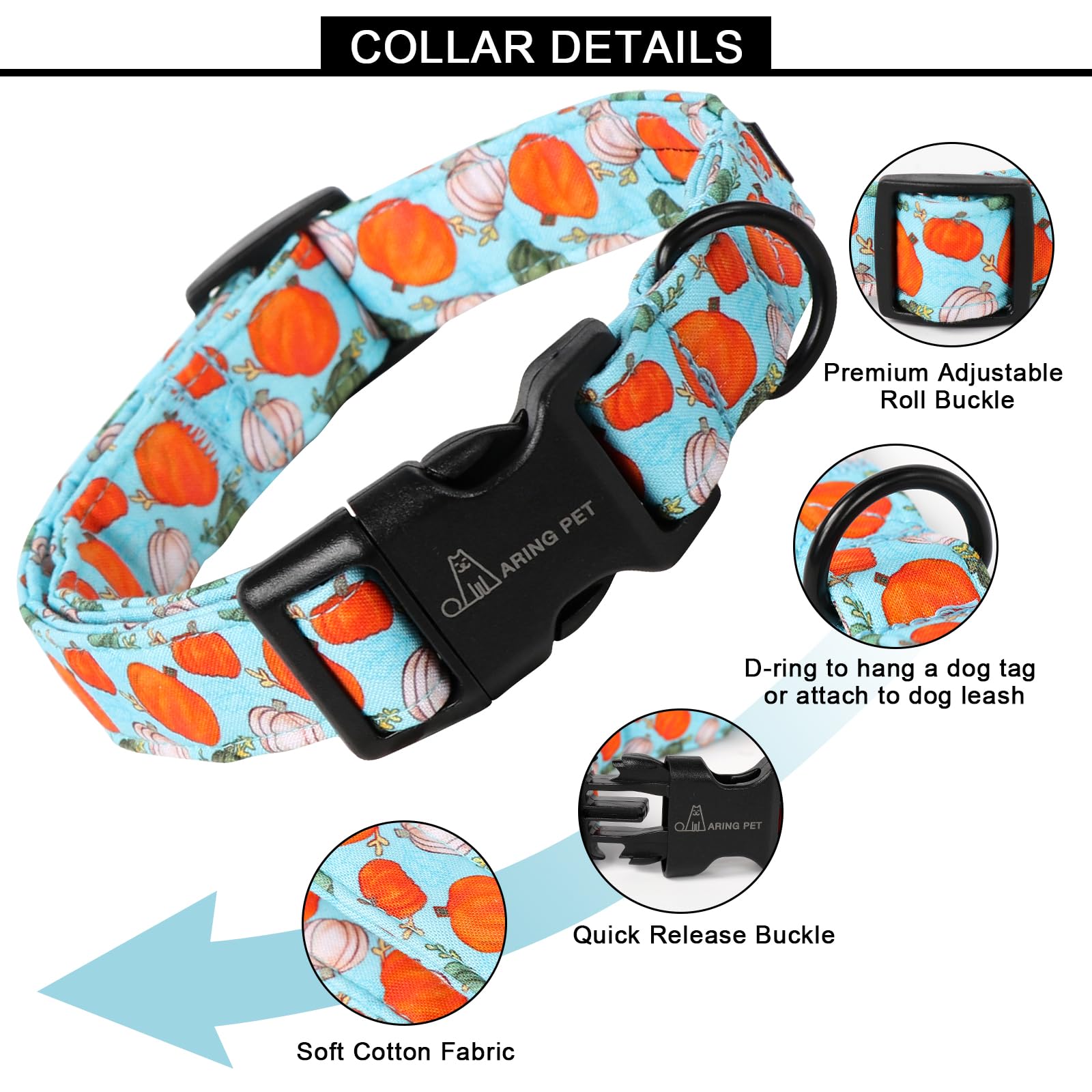 Aring Pet Halloween Dog Collar-Cotton Pumpkin Dog Collars, Adjustable Lightweight Pet Collar Puppy Collars With Quick Release Buckle For Girl&Boy Dogs