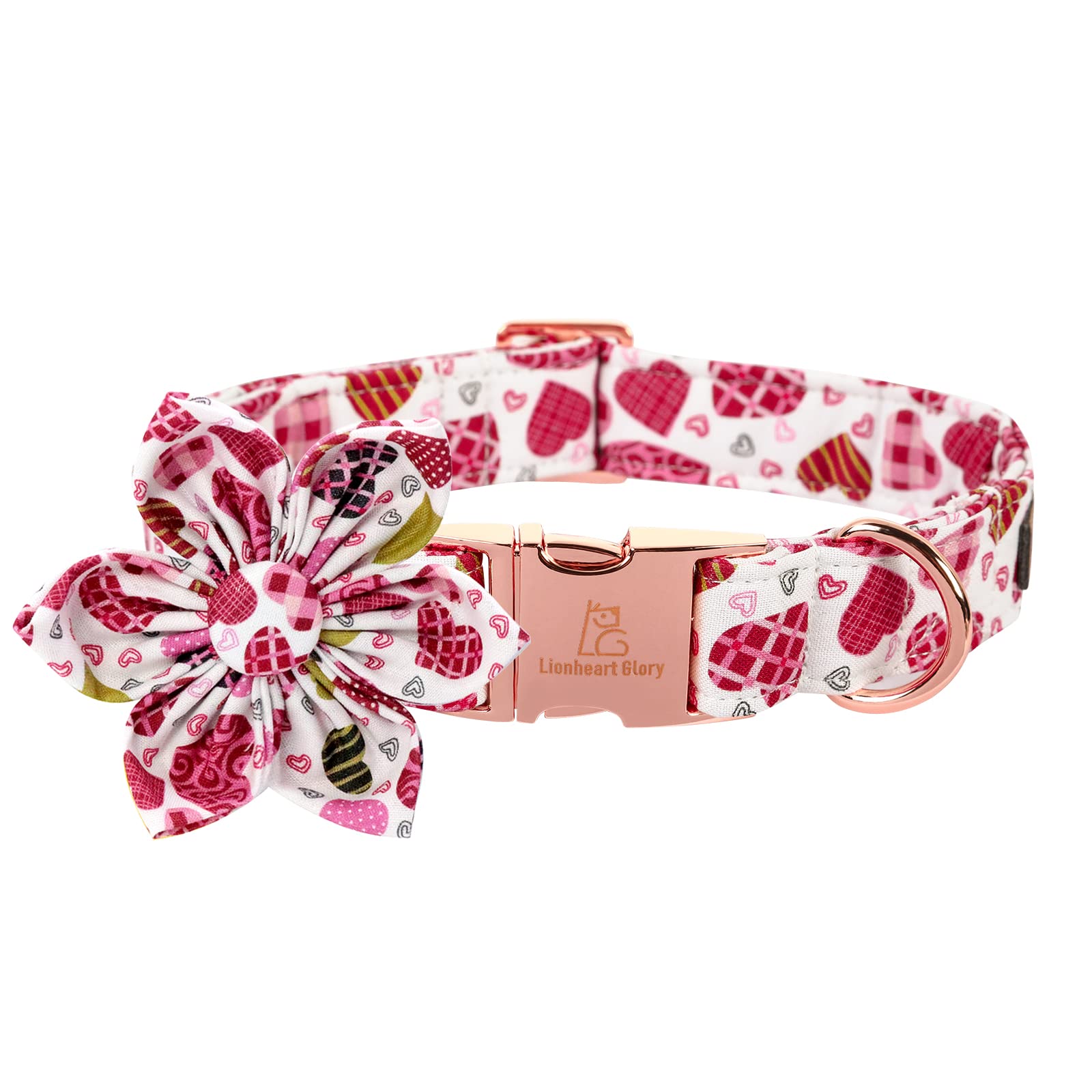 Lionheart Glory Hearts Dog Collar, Valentine'S Day Pet Collars With Flower, Cute Floral Pattern Pet Adjustable Collar For Large 