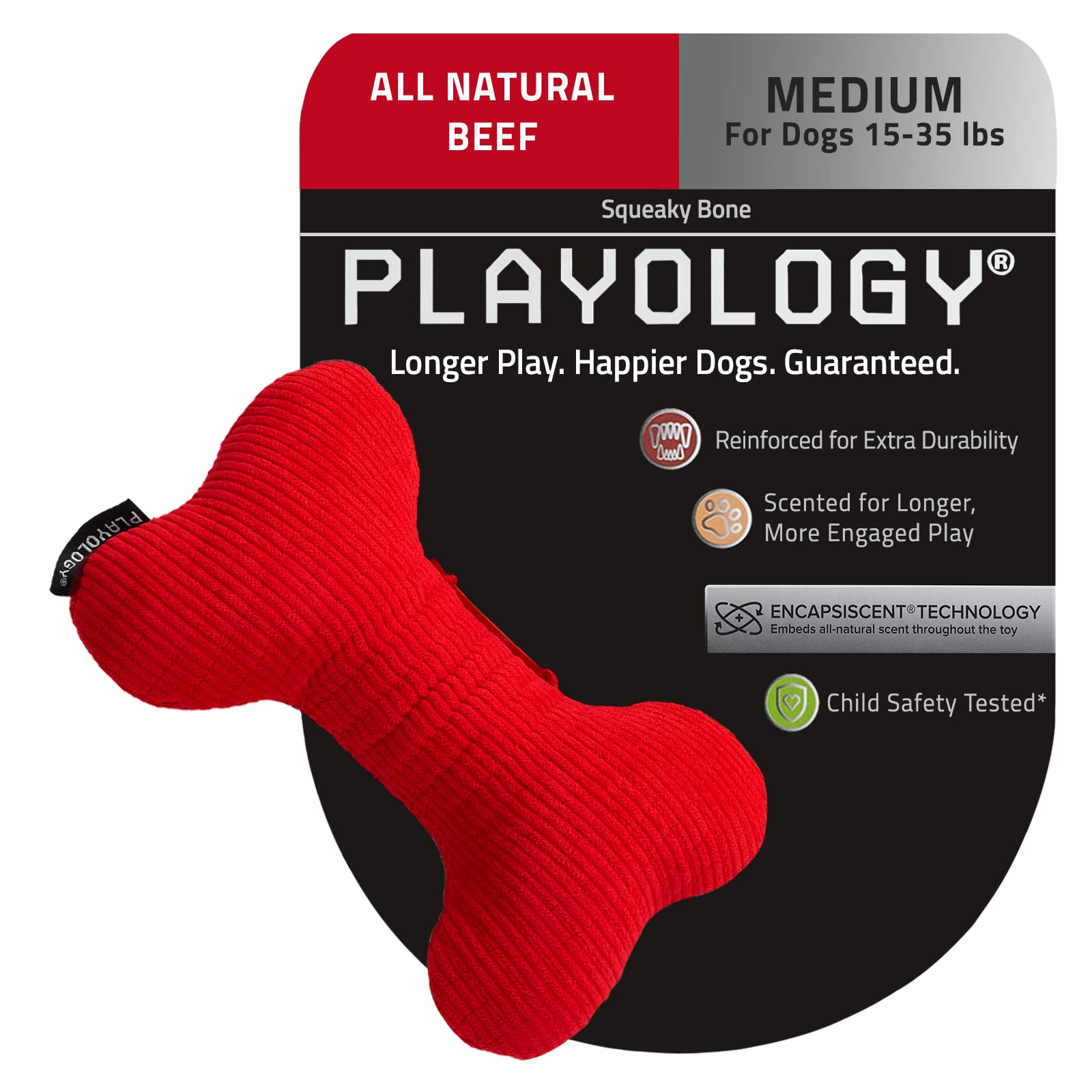 Playology Plush - Squeaky Bone - Medium - Engaging All-Natural Beef Scent