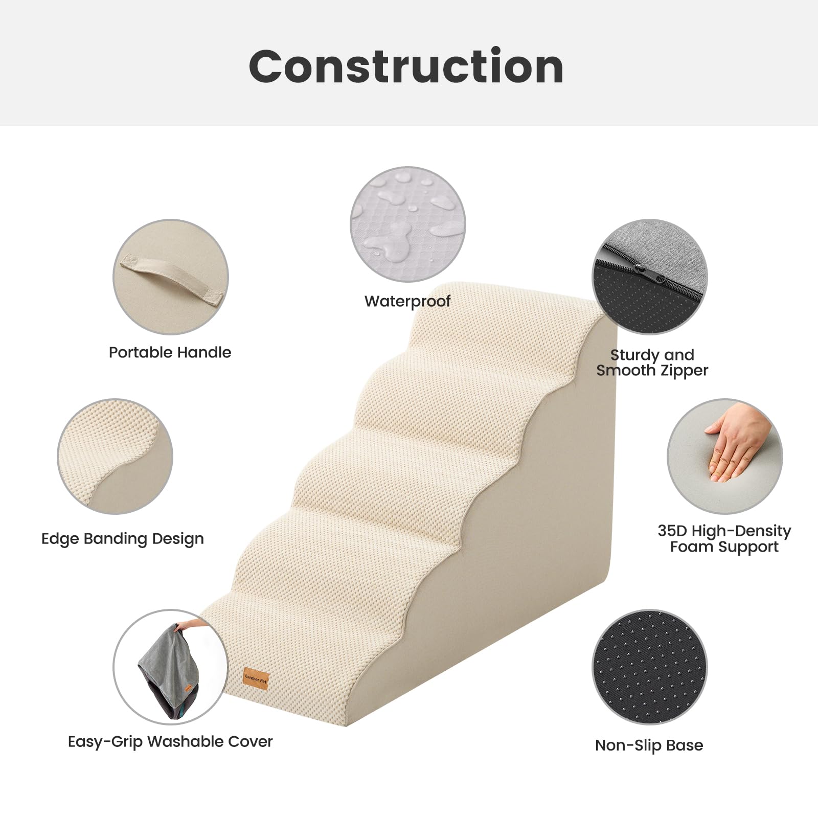 Gardner Pet Dog Stairs for Small Dogs 22.8 H, 5-Step Beige Curved Pet Stairs, Dog Steps for High Bed, Couch (24-30 in) with Dura