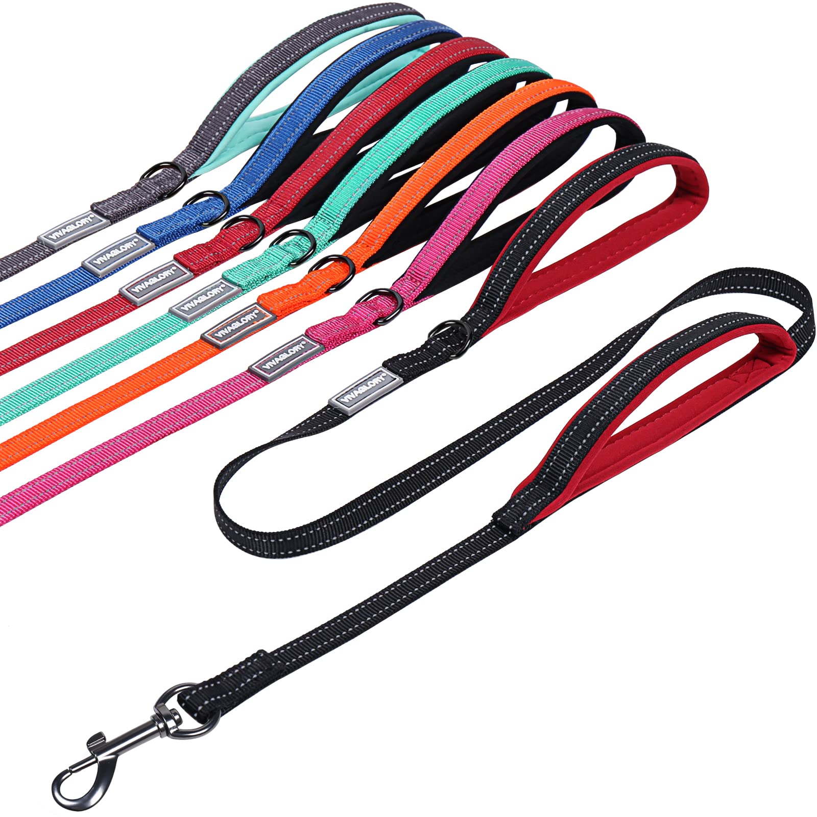 Vivaglory Traffic Handle Dog Leash, Two Padded Soft Handles Dog Leash, Strong Reflective & Metal Hook Training Pet Lead, Black