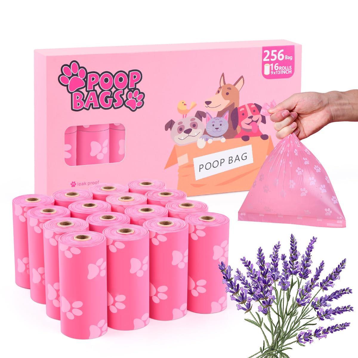 PPEIWASTE Poop Bags Rolls 256 Count - 9x13 Inches Pink Thickened Leakproof Lavender scent Poo Bags for Dogs, Eco-Friendly Pet Wa