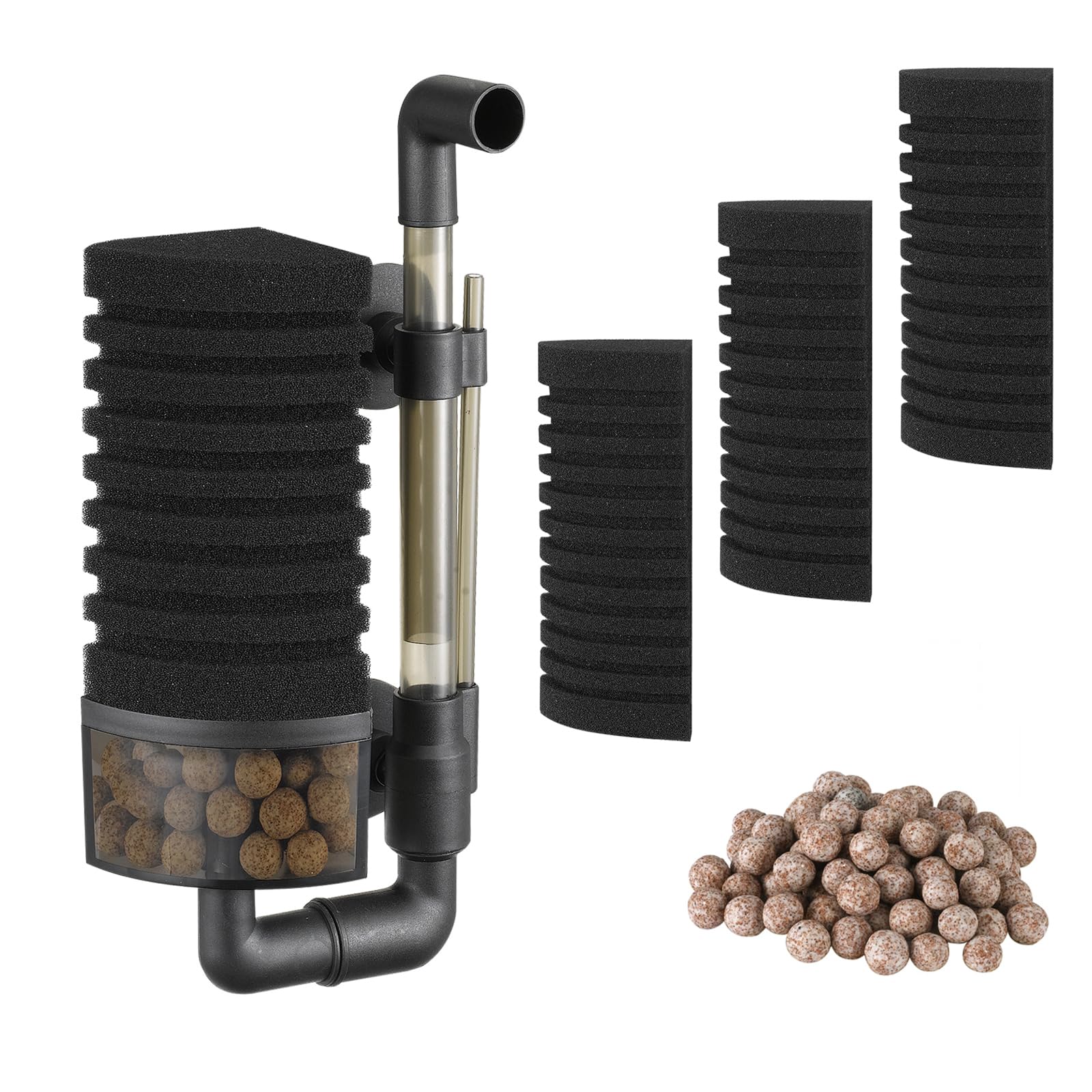 Carefree Fish Aquarium Filter Sponge Fish Tank Quiet Bubble Filter with 3 Sponges and 1 Bag of Filtered Ceramic Balls for Salt W