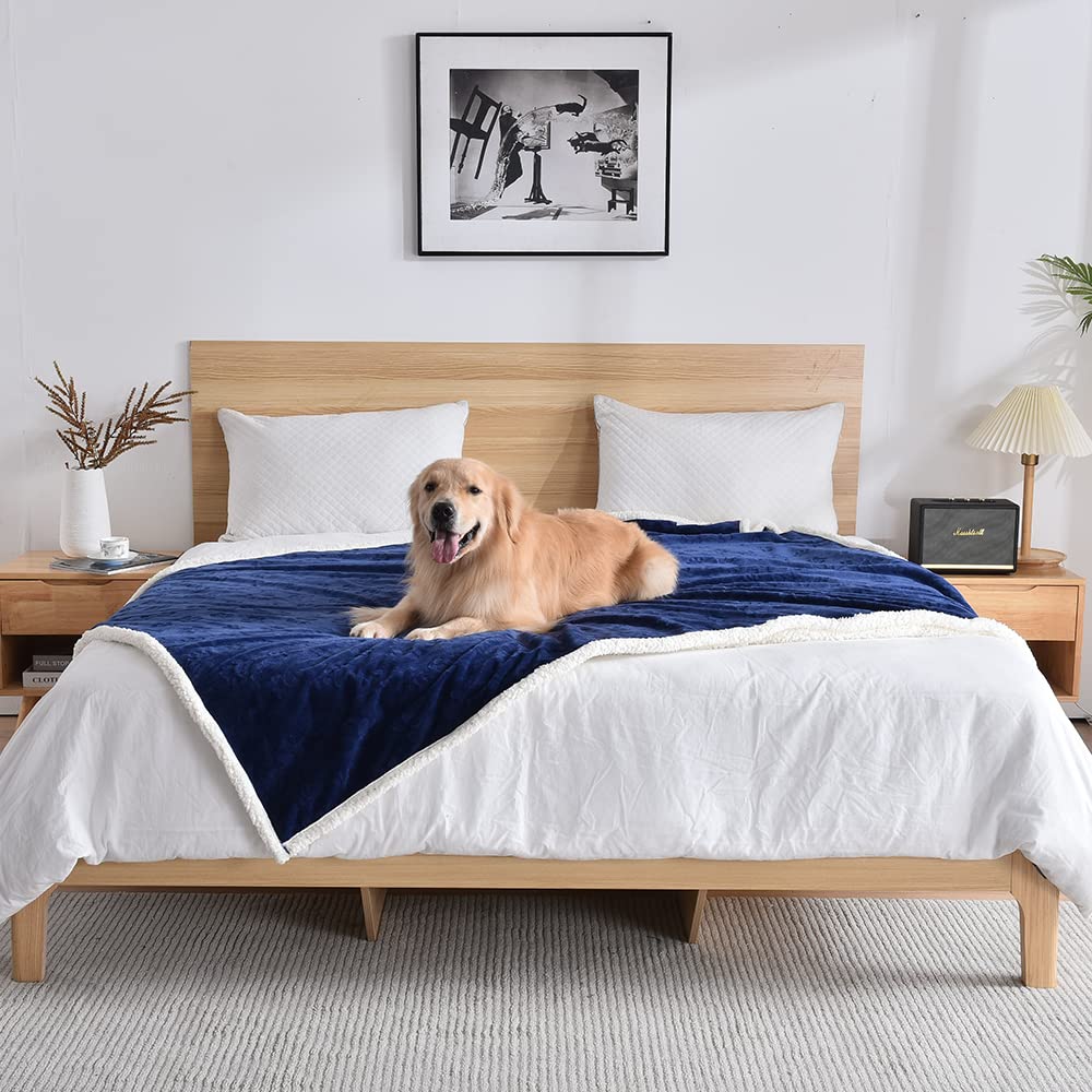 Qeils Dog Blankets For Large Dogs - Waterproof Cat Blanket Washable - Sherpa Fleece Puppy Blanket, Soft Plush Reversible Throw Protector For Bed Couch Car Sofa, 60'X80', Navy Blue
