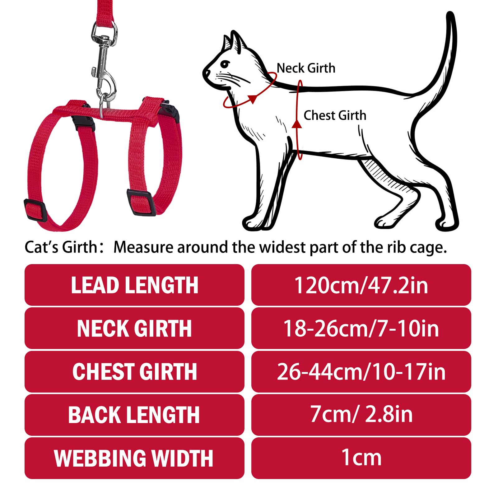 Pupteck Adjustable Cat Harness And Leash Set Escape Proof Kitten Strap Collar For Walking Travel, Red
