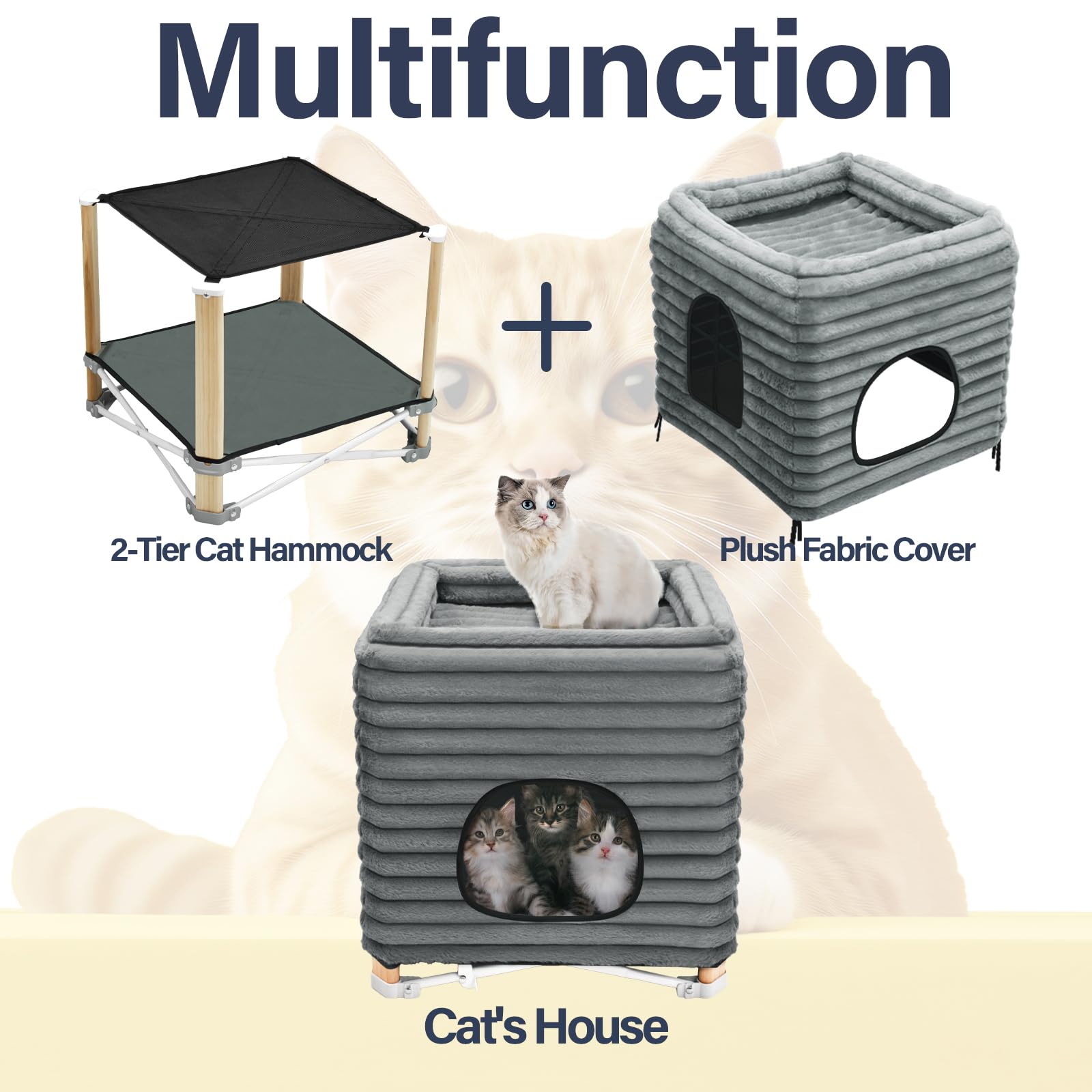 Pozico 2-Tier Collapsible Cat Beds & Furniture, 2 Layer Pine Construction Cat Hammocks, Cat Houses For Indoor Cats, Cat Bed Cave