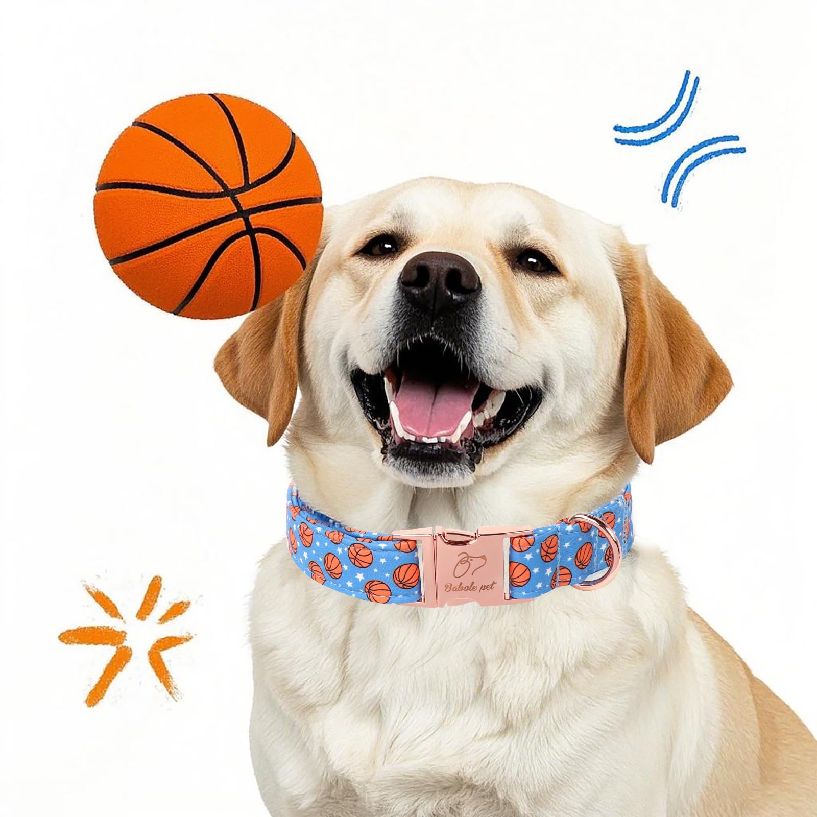 Babole Pet Adjustable Boy Dog Collar - Cute Blue Basketball Print Dog Collars For Medium Dogs, Durable Pet Heavy Duty Metal Buck