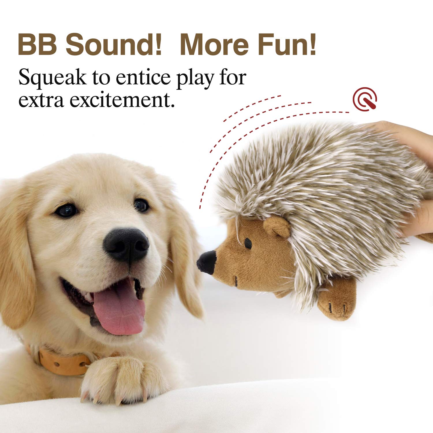 Pawaboo Plush Dog Toy - Non-Toxic Hedgehog Squeaky Toy, 6" Faux Fur, Brown
