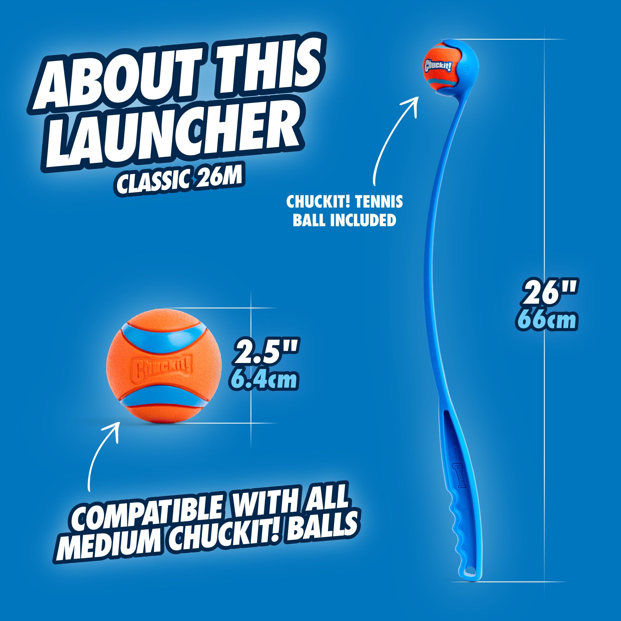 Chuckit! Dog Ball Launcher - Classic 26' With Medium (2.5'), Dog Fetch Ball Thrower, For Dogs 20-60 Pounds, Made In Usa